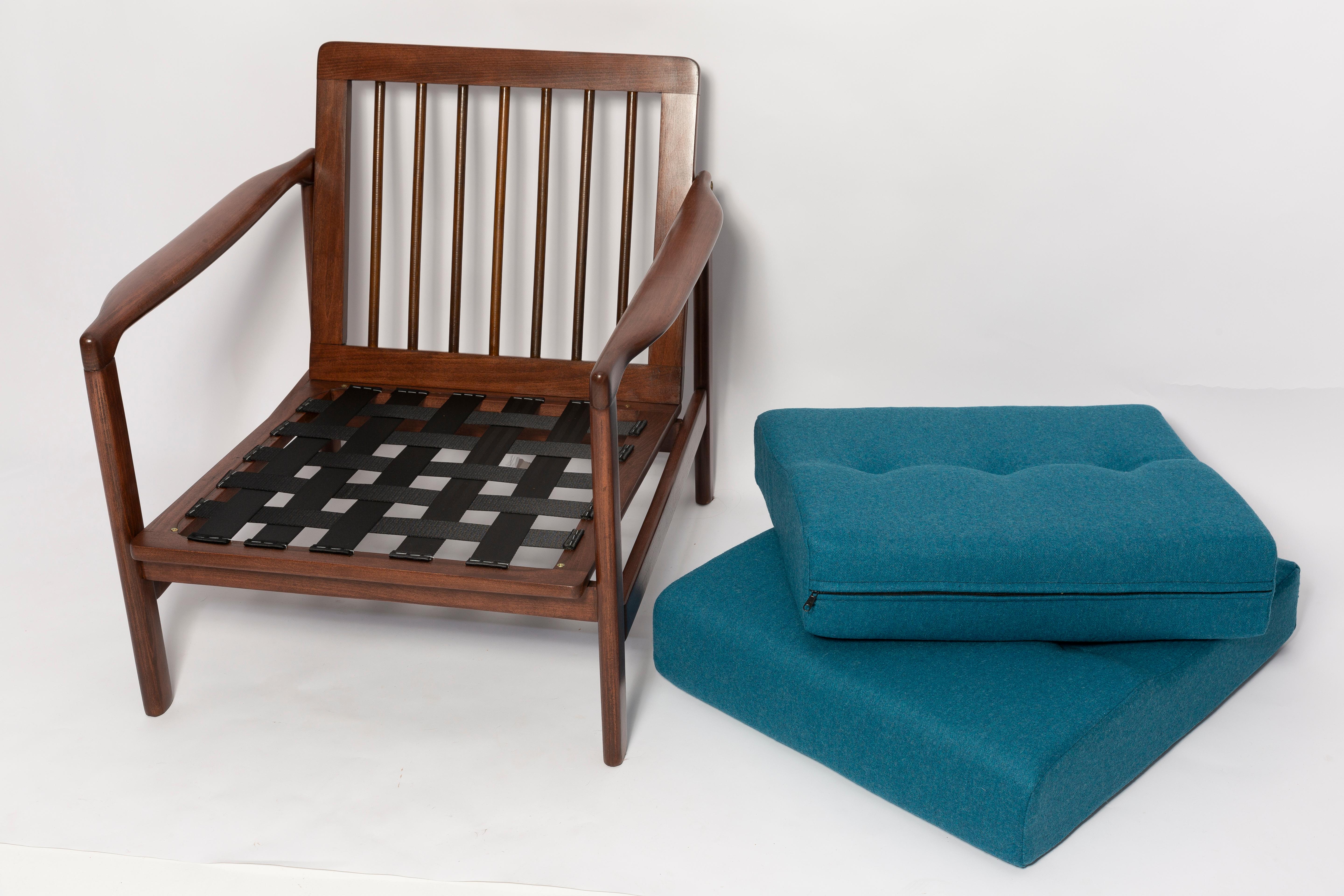 Velvet Mid Century Acqua Blue Wool Armchair, Zenon Baczyk, Poland, 1960s For Sale