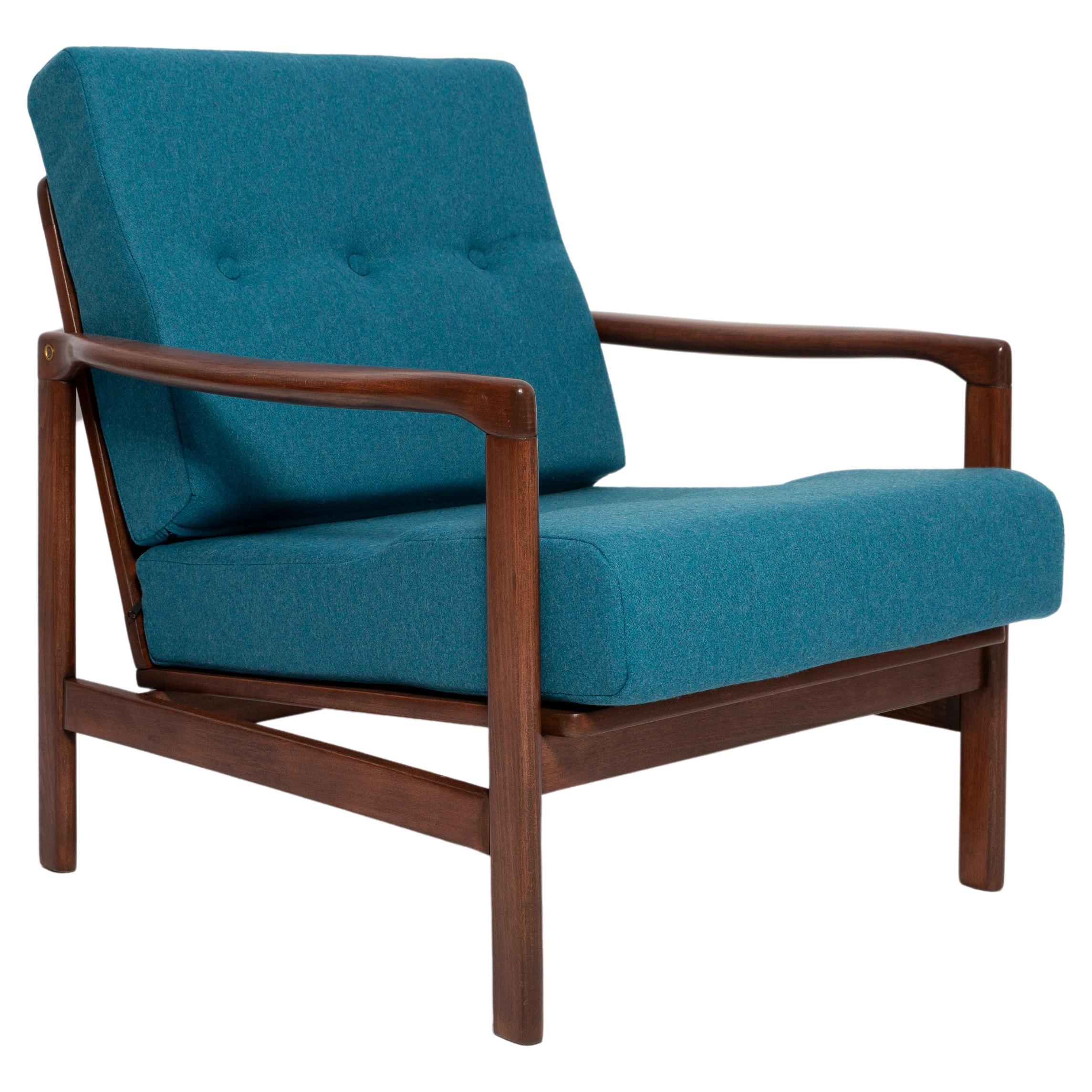 Mid Century Acqua Blue Wool Armchair, Zenon Baczyk, Poland, 1960s For Sale