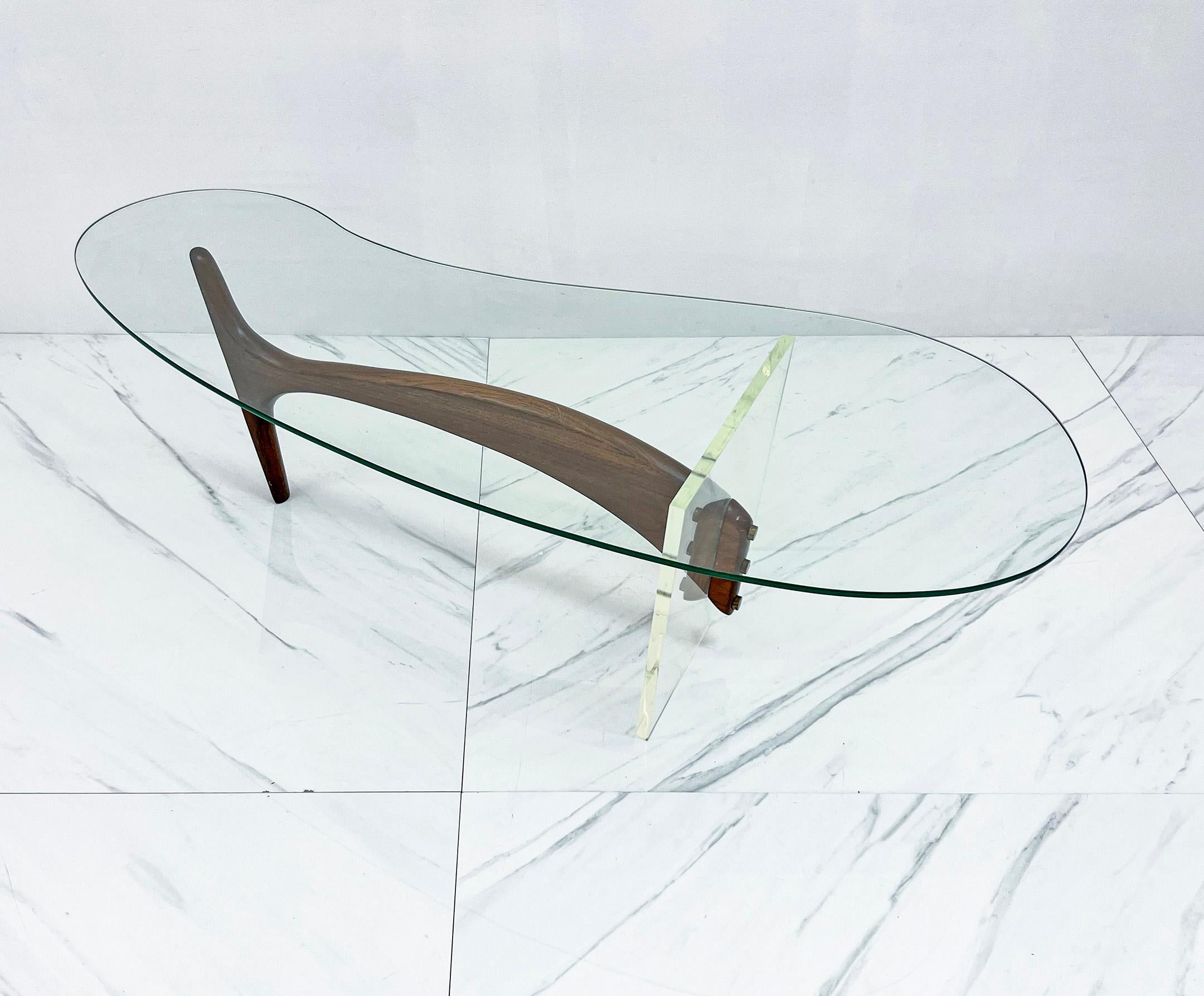 Midcentury Acrylic and Walnut Biomorphic Coffee Table  In Good Condition In Culver City, CA
