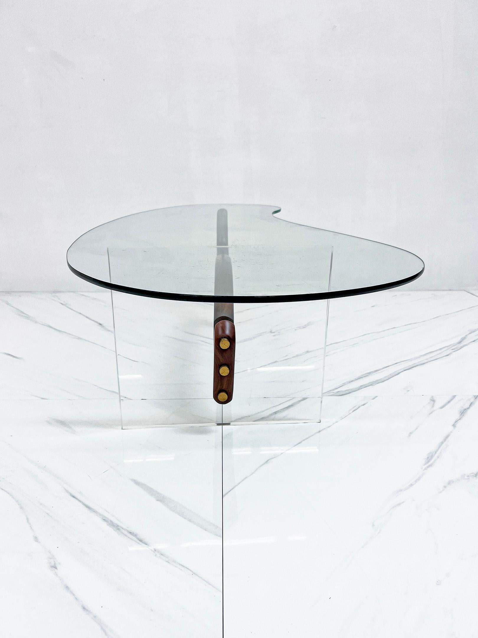 Brass Midcentury Acrylic and Walnut Biomorphic Coffee Table 
