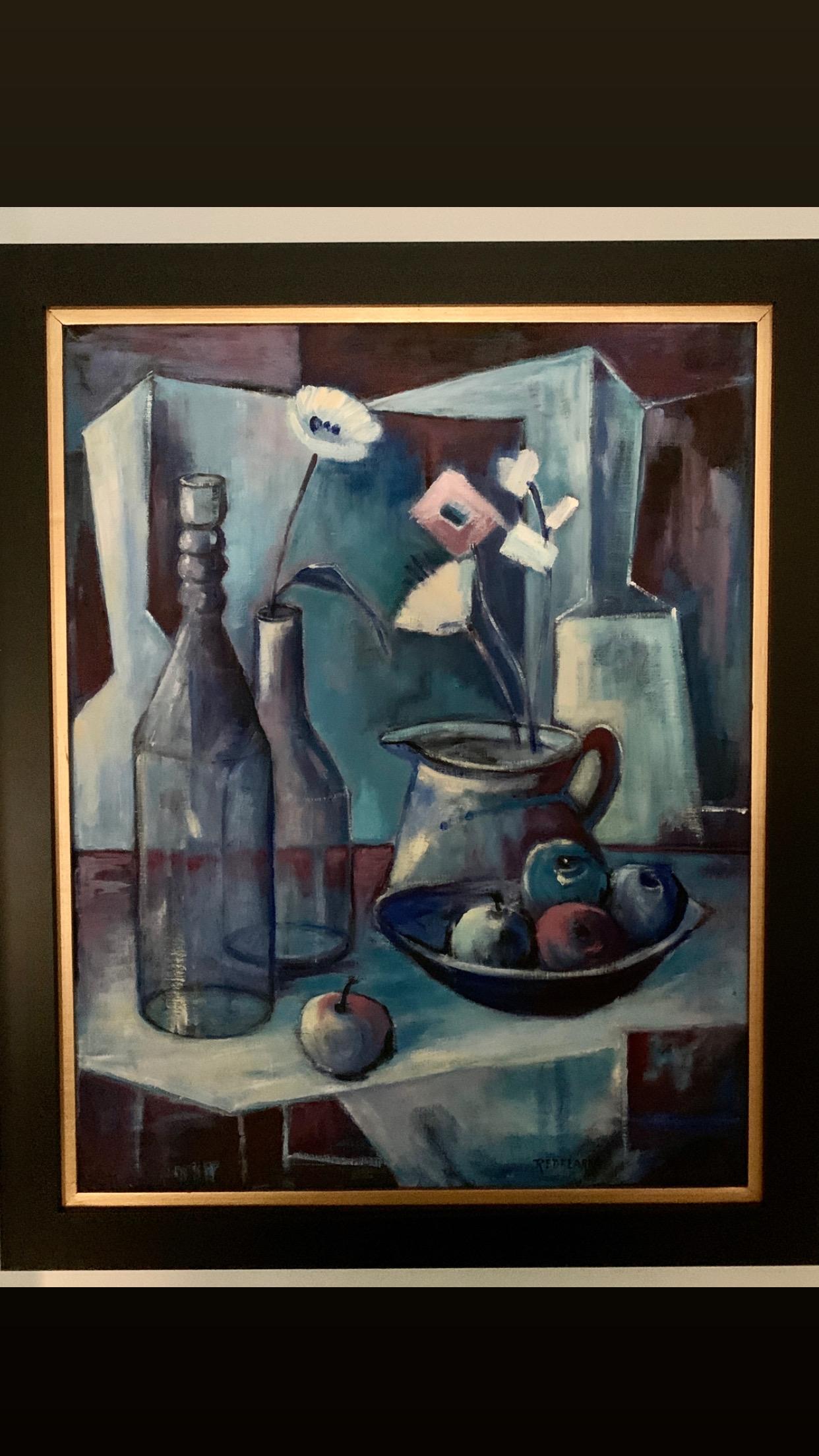 In the style of cubism, a still life with a stunning blue palette depicting fruit, bottles and flowers. The acrylic on canvas painting compliments many spaces and especially those with a blue or clean architectural lines...

Measures: Image area is
