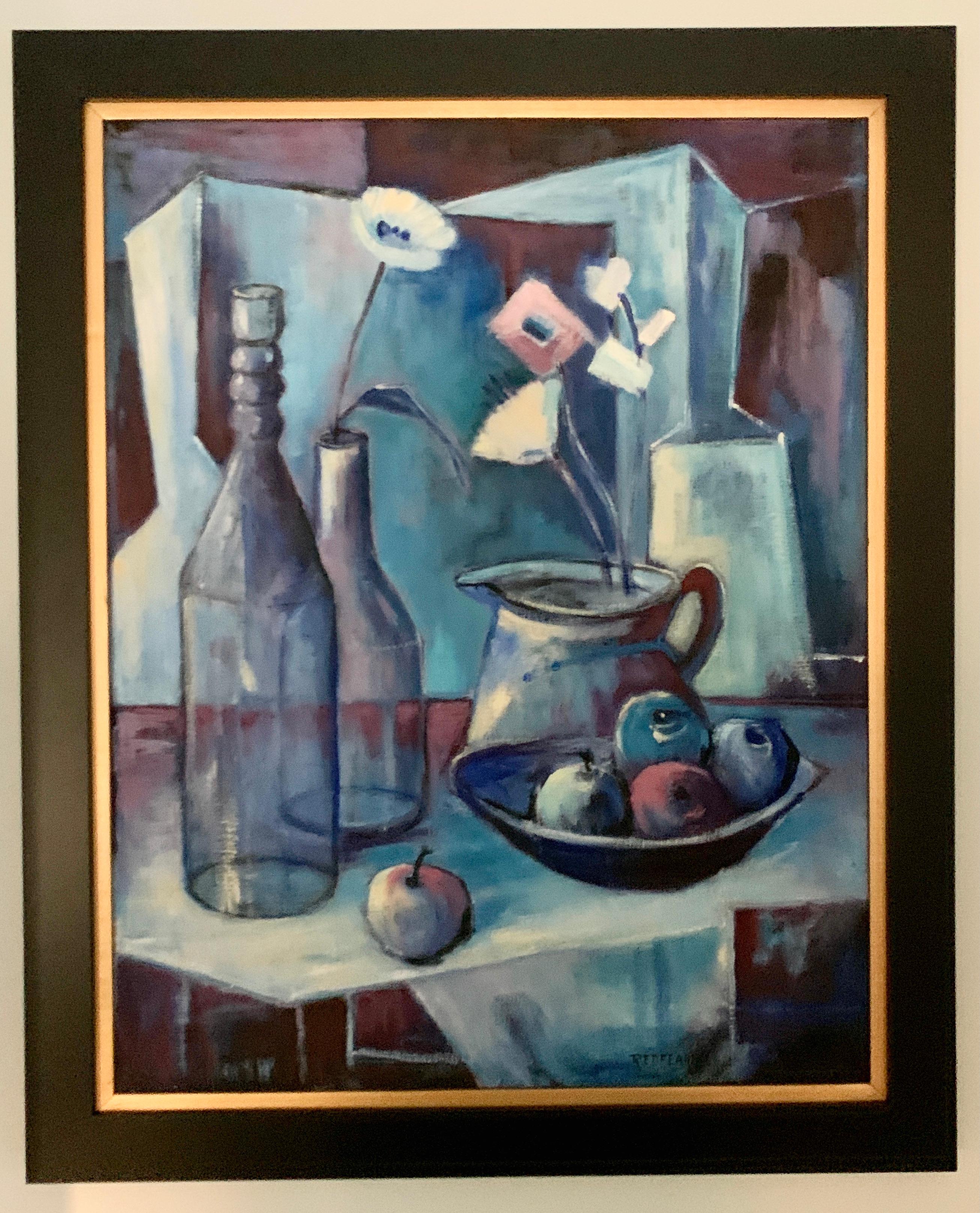 Signed Acrylic Blue Cubist Painting on Canvas  In Good Condition For Sale In Los Angeles, CA