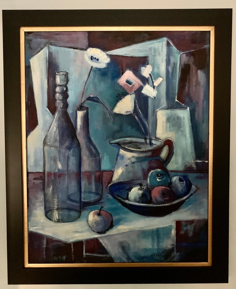 20th Century Mid-Century Acrylic Blue Cubist Style Painting on Canvas Signed Redfearn For Sale