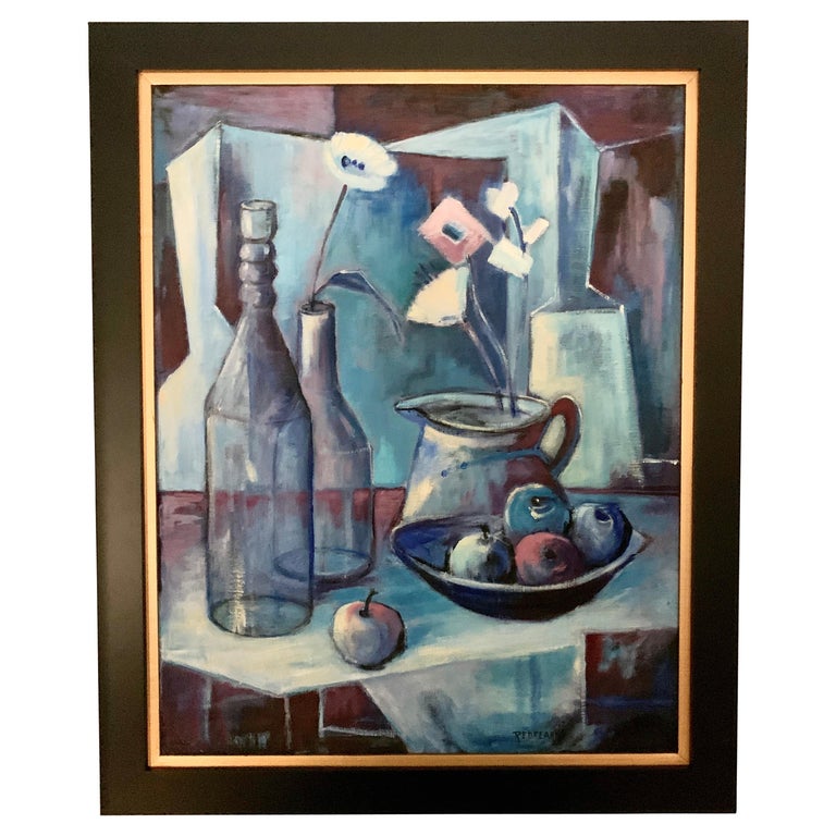 Mid-Century Acrylic Blue Cubist Style Painting on Canvas Signed Redfearn For Sale