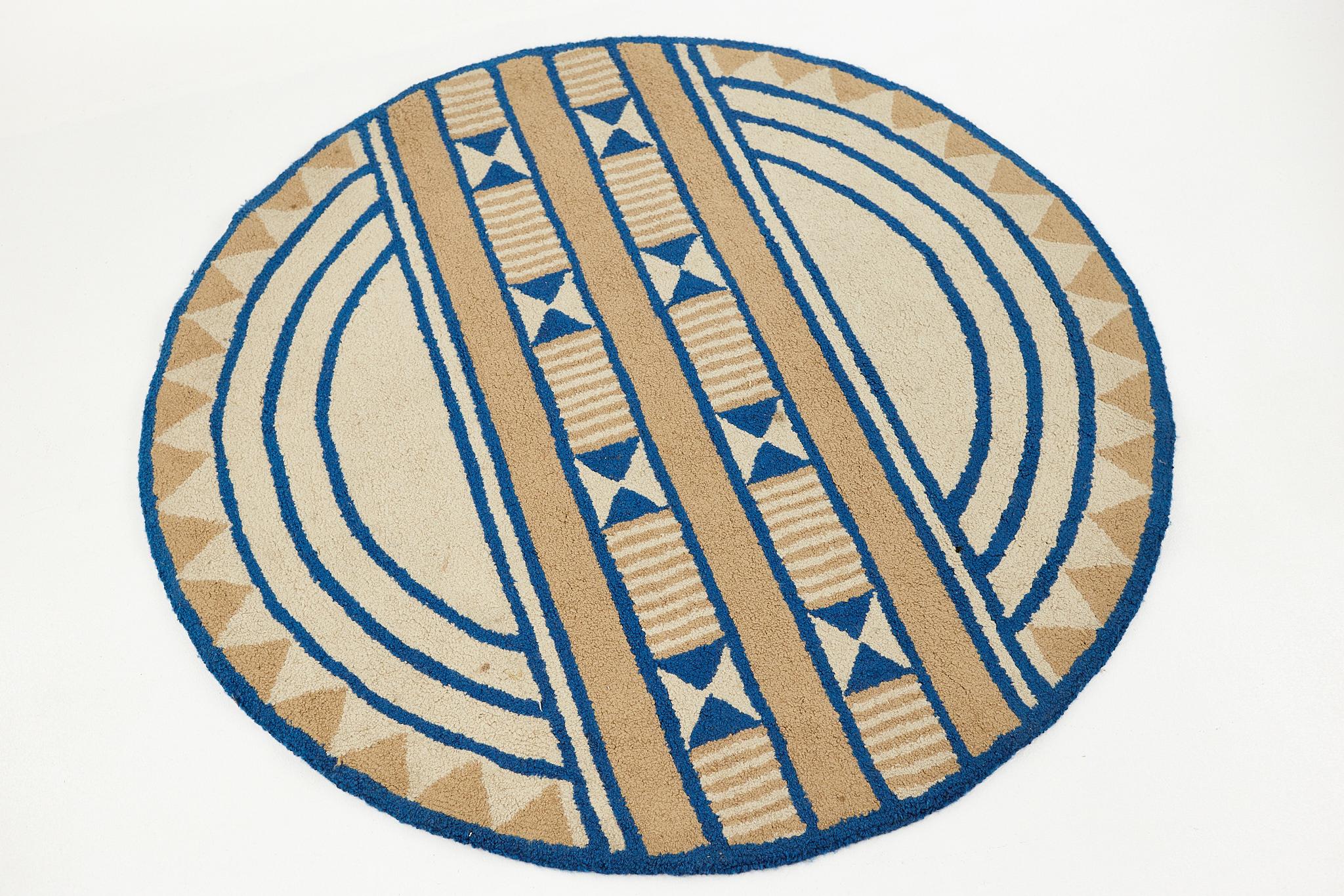 Mid-Century Modern Mid Century Acrylic High Pile Blue and Beige Round Rug For Sale