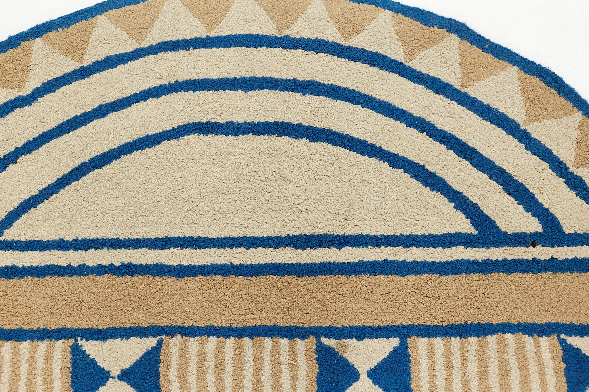 Mid Century Acrylic High Pile Blue and Beige Round Rug For Sale 1