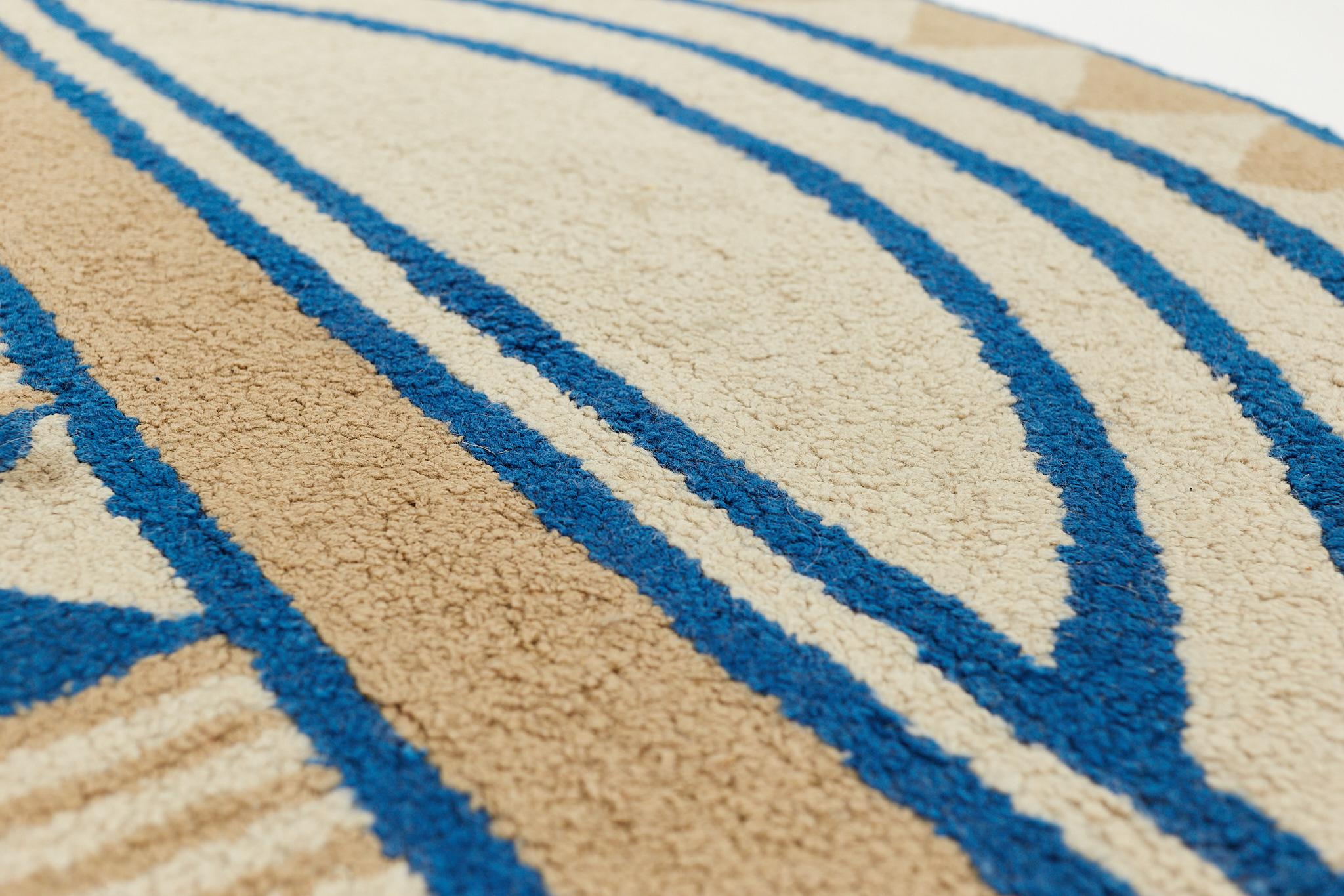 Mid Century Acrylic High Pile Blue and Beige Round Rug For Sale 3