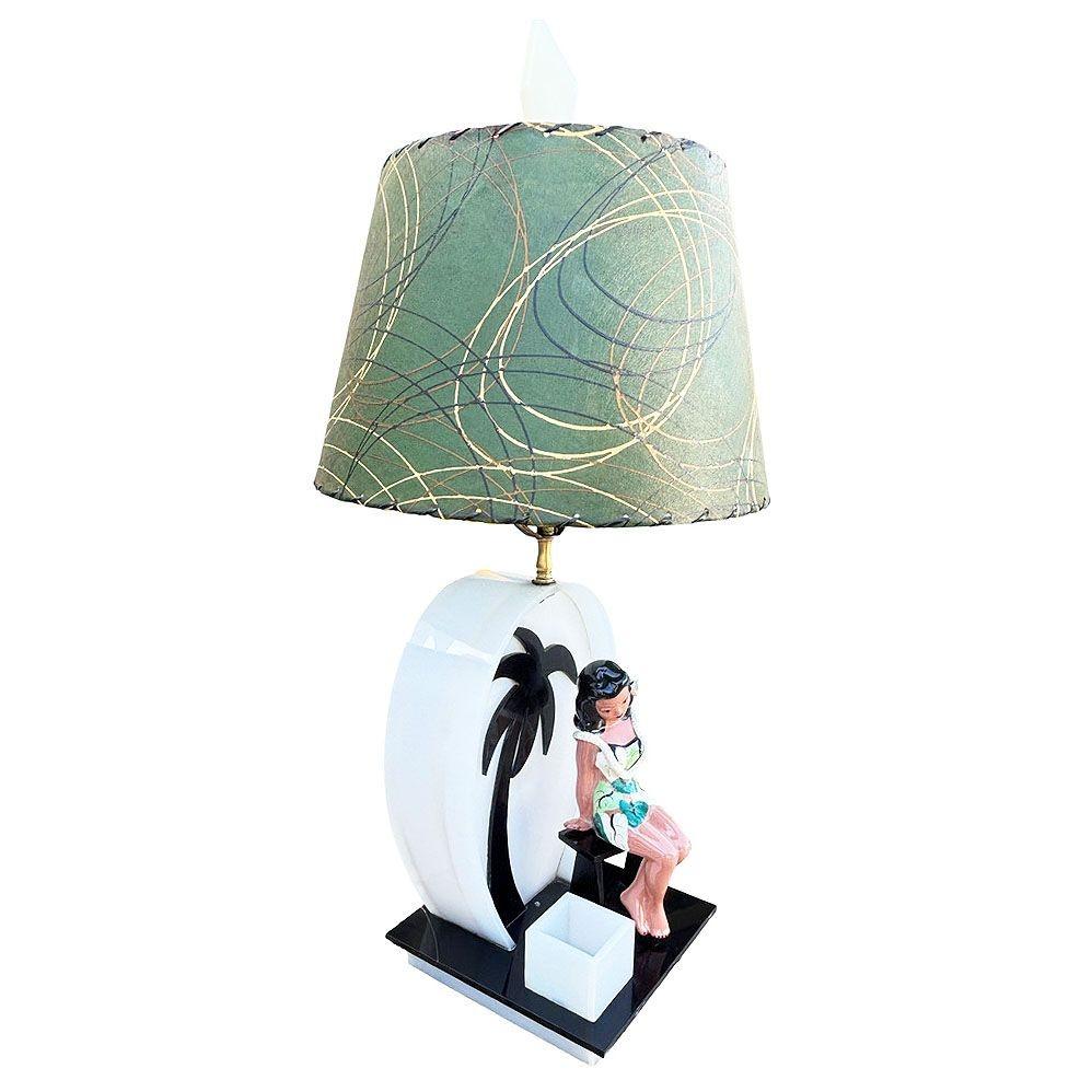 L�ámpara de sobremesa acrílica de mediados de siglo Hula Girl Silueta de palmera de medianoche by Moss Estadounidense en venta