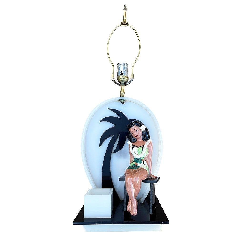 Lámpara de sobremesa acrílica de mediados de siglo Hula Girl Silueta de palmera de medianoche by Moss Plexiglás en venta