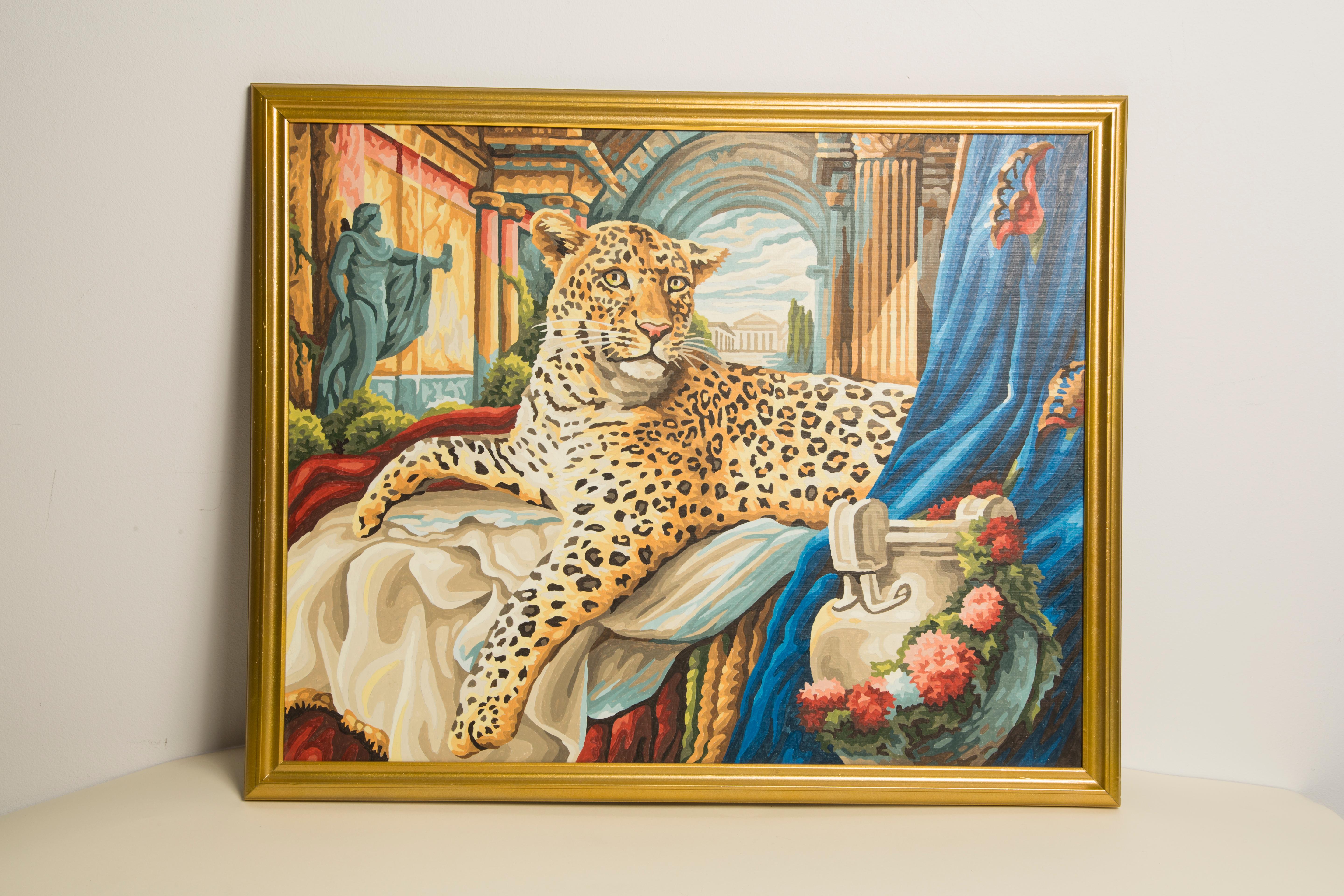 Acryl-Leoparden-Gemälde, Goldholzrahmen, 1960er Jahre, Europa im Angebot 2