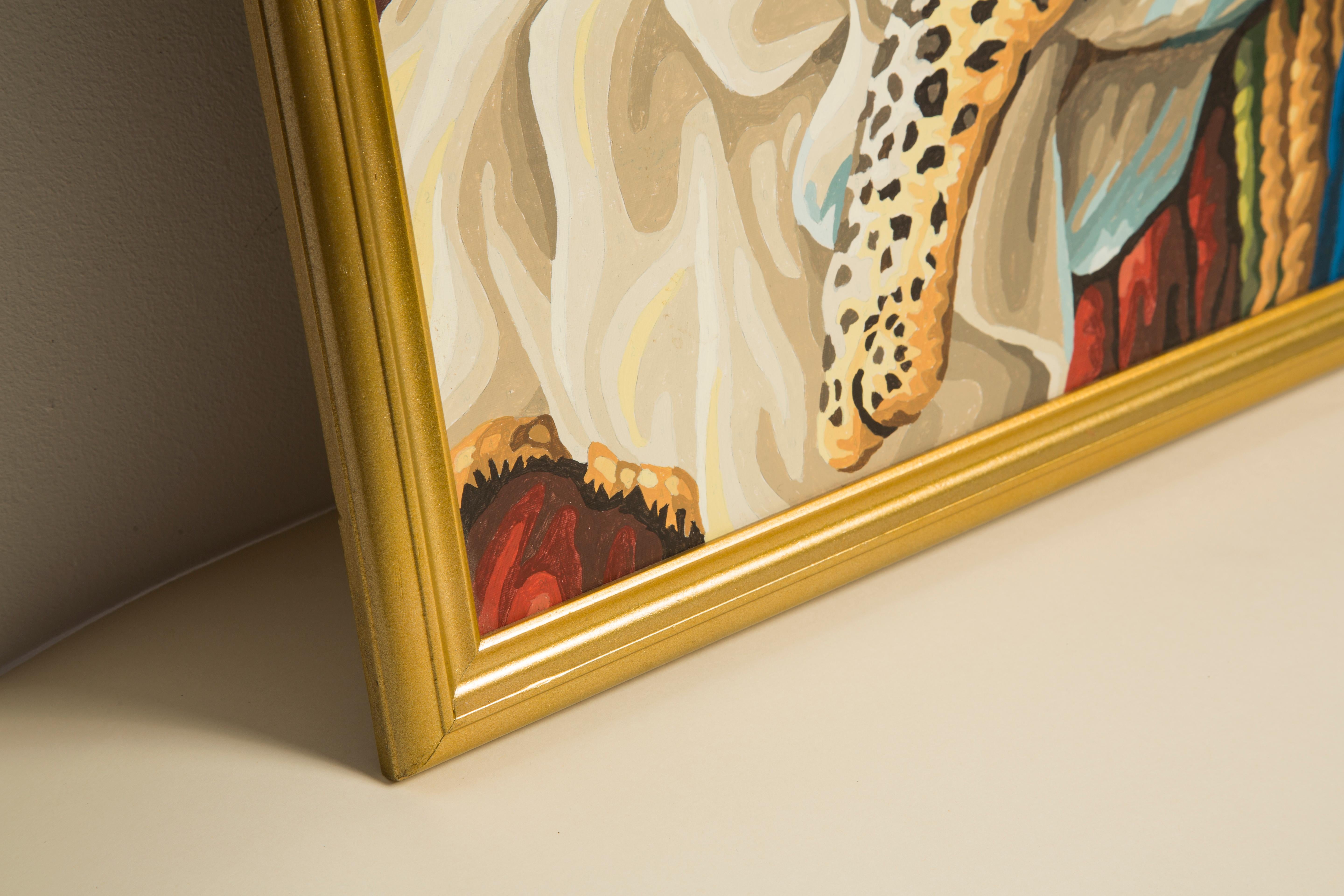 Midcentury Acrylic Leopard Painting, Gold Wood Frame, 1960s, Europe For Sale 2