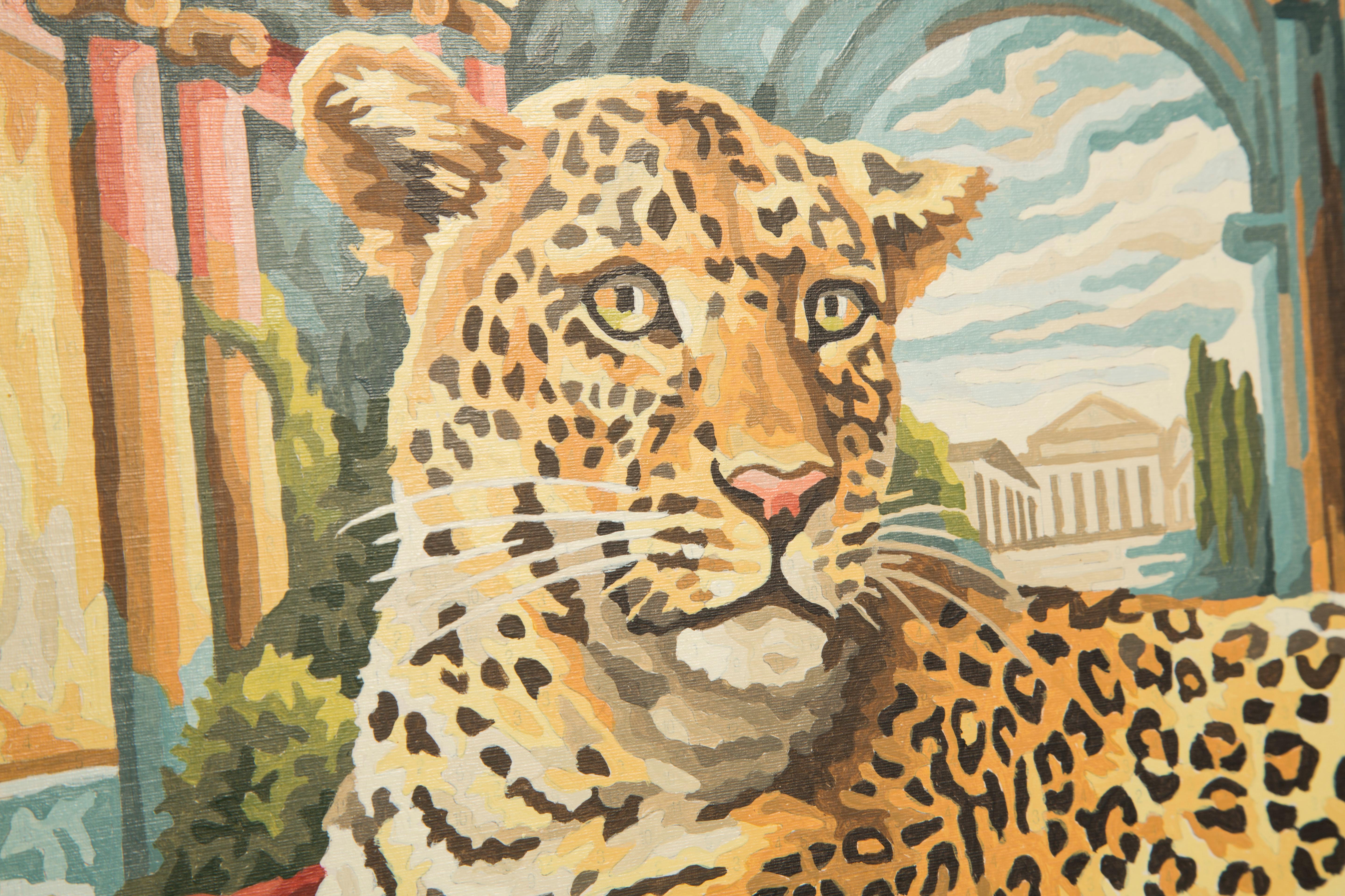 Midcentury Acrylic Leopard Painting, Gold Wood Frame, 1960s, Europe For Sale 3