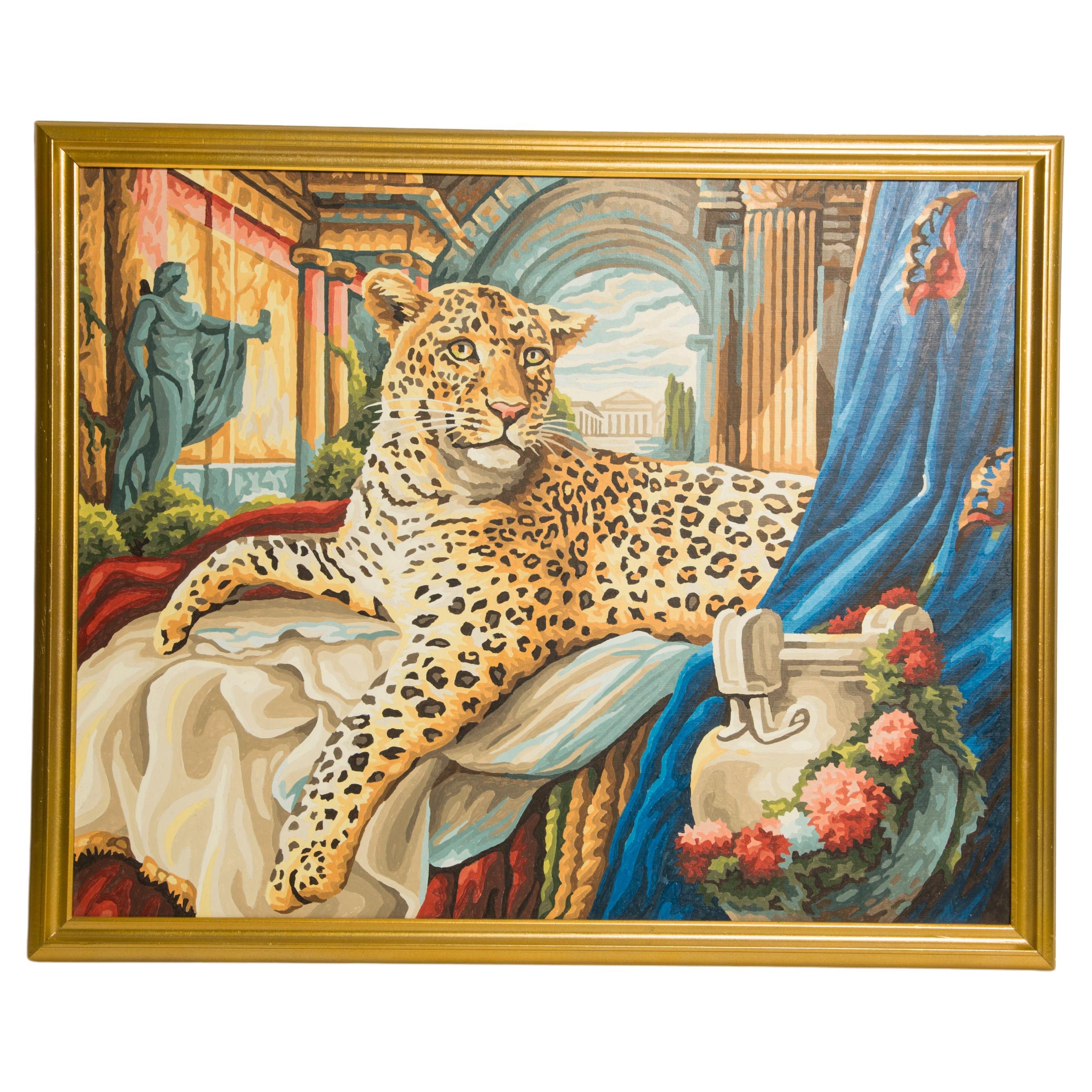Midcentury Acrylic Leopard Painting, Gold Wood Frame, 1960s, Europe