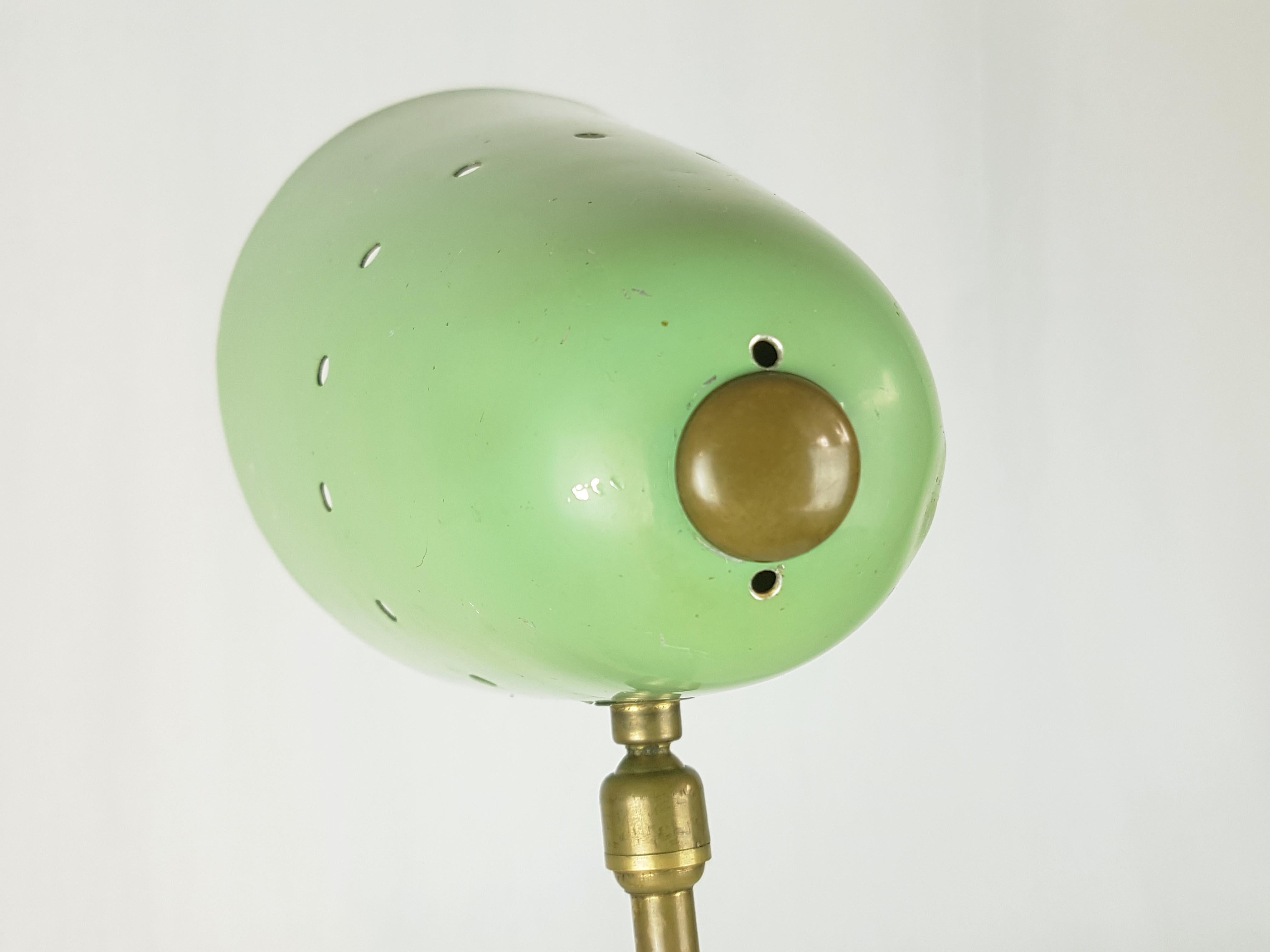 Italian Midcentury Adjustable Aqua Green Metal & Brass Table Lamp For Sale