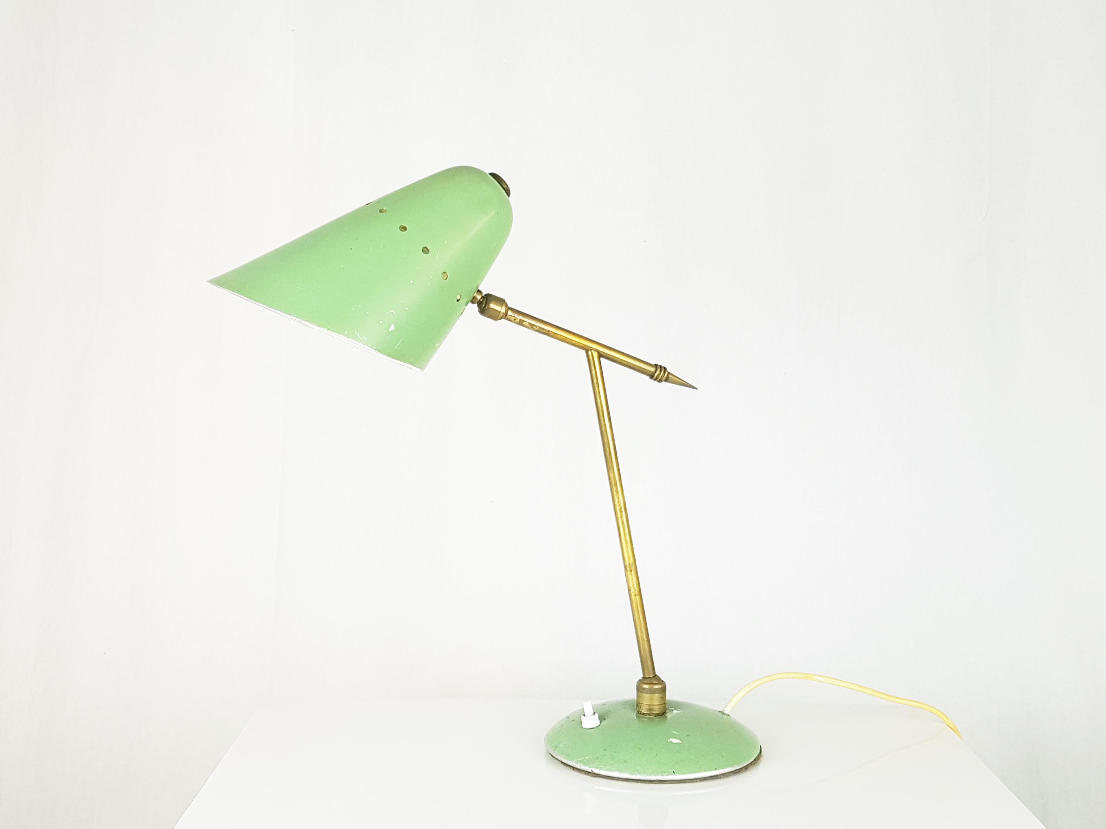 Mid-20th Century Midcentury Adjustable Aqua Green Metal & Brass Table Lamp For Sale