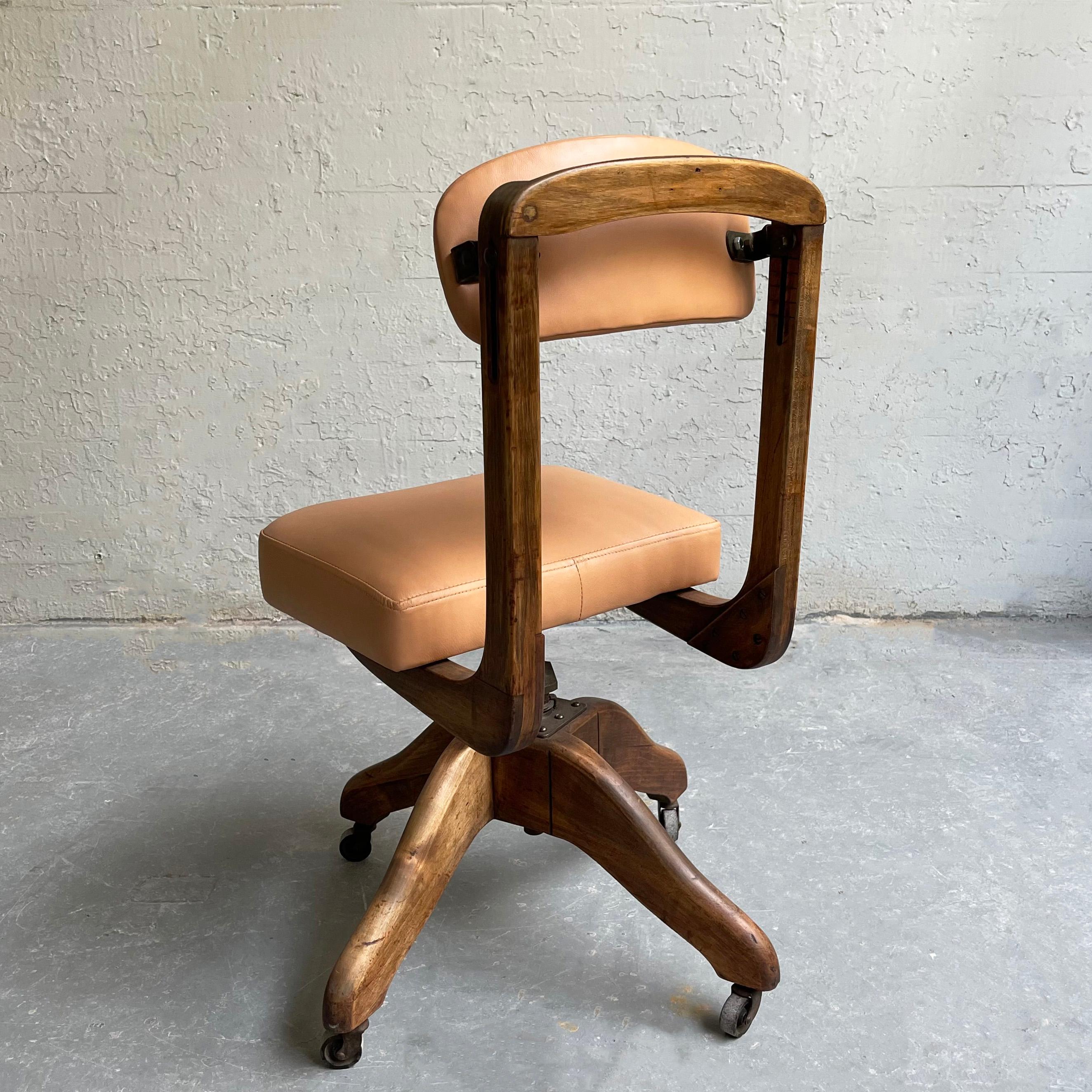American Mid Century Adjustable Oak and Leather Office Chair