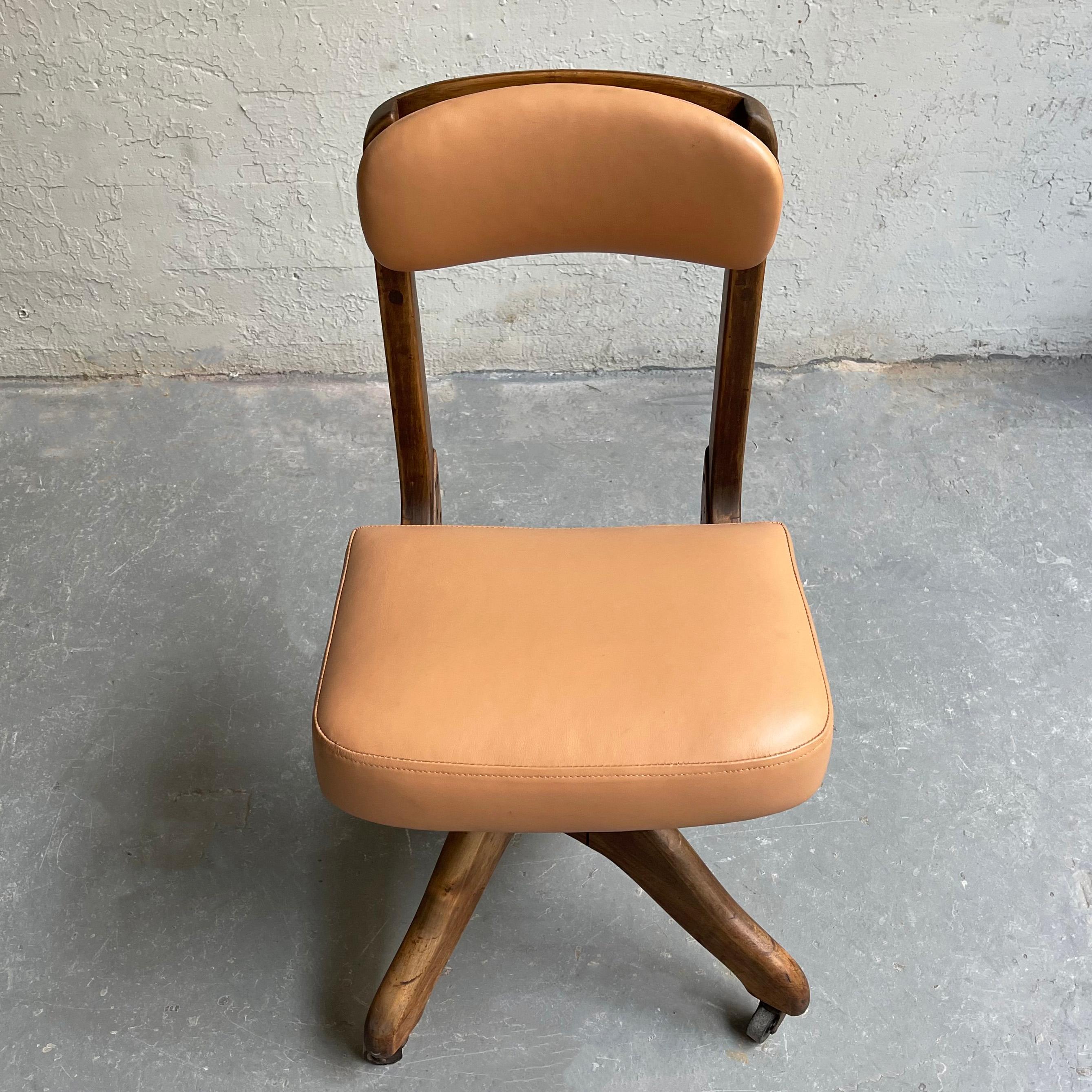 Mid Century Adjustable Oak and Leather Office Chair 1