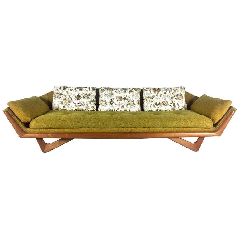 Midcentury Adrian Pearsall Craft Associates Gold Tweed Sofa Triangular Legs  at 1stDibs