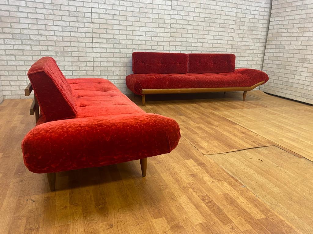 American Mid Century Adrian Pearsall Crushed Red Velvet Sectional Sofa Set - 2 Piece Set For Sale