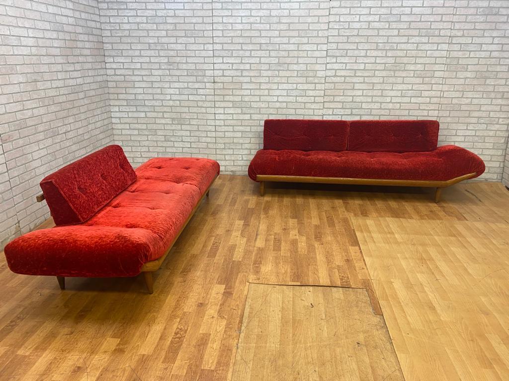 Mid Century Adrian Pearsall Crushed Red Velvet Sectional Sofa Set - 2 Piece Set In Good Condition For Sale In Chicago, IL