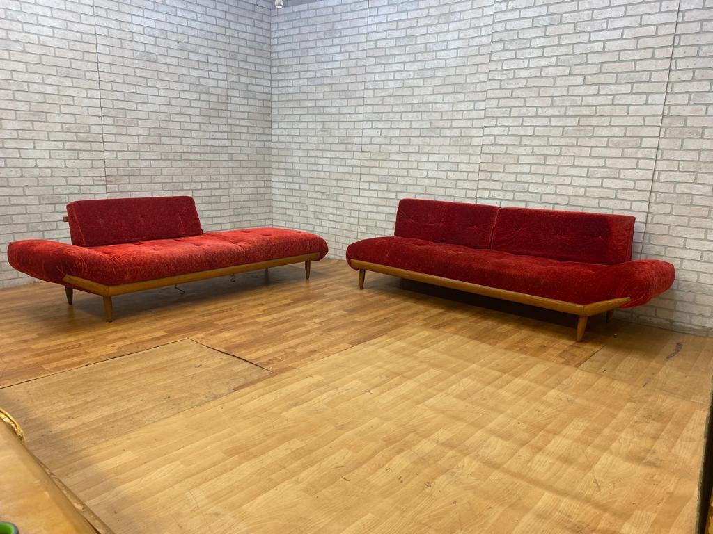 Mid Century Adrian Pearsall Crushed Red Velvet Sectional Sofa Set - 2 Piece Set For Sale 2