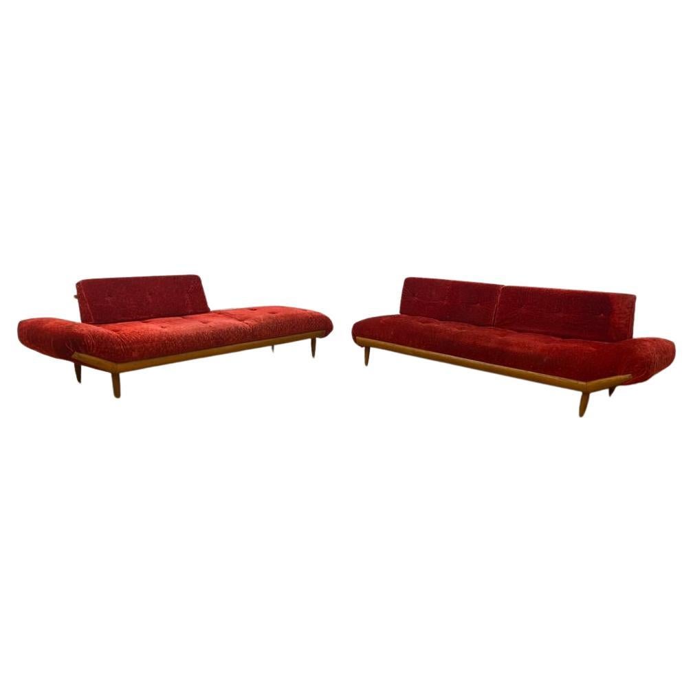 Mid Century Adrian Pearsall Crushed Red Velvet Sectional Sofa Set - 2 Piece Set For Sale