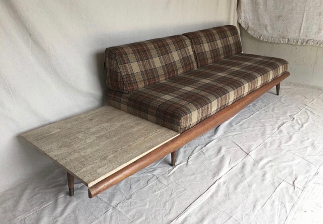 Authentic Adrian Pearsall pieces are some of his most dramatic creations. They also need space!

Magnificent and coveted Adrian Pearsall for Craft Associates daybed sofa with walnut front and single end table attached. The fabric is probably
