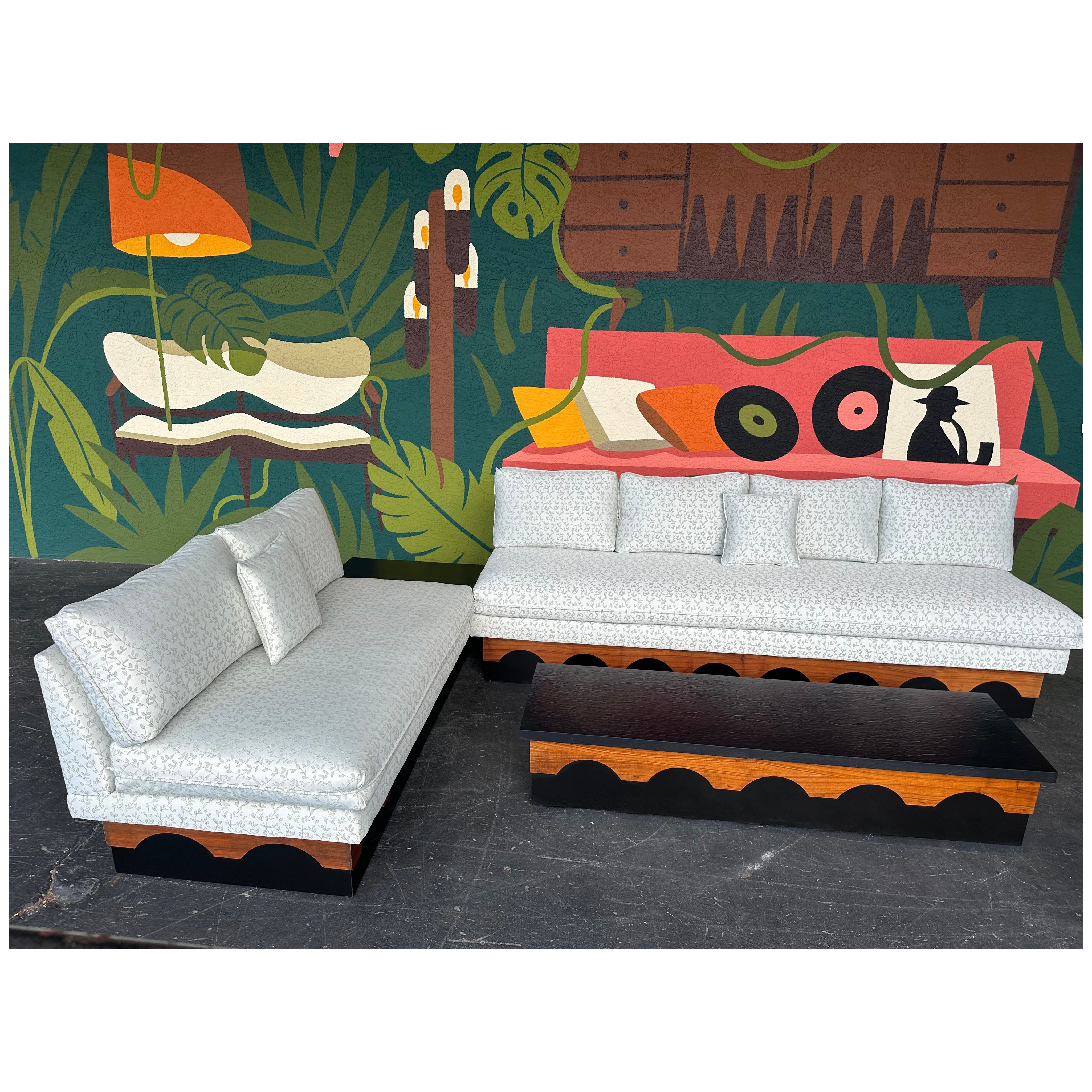 Mid Century Modern 2 Piece Platform Sectional Sofa and Matching Coffee Table. Done in the style of the Strictly Spanish line by Adrian Pearsall for Craft Associates. Maker is unknown but the construction of these pieces is superior to those of the