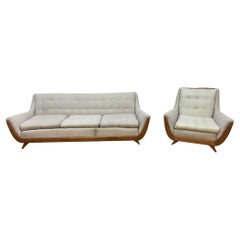 Vintage Mid Century Adrian Pearsall Style Walnut Gondola Sofa and Club Chair - Set of 2