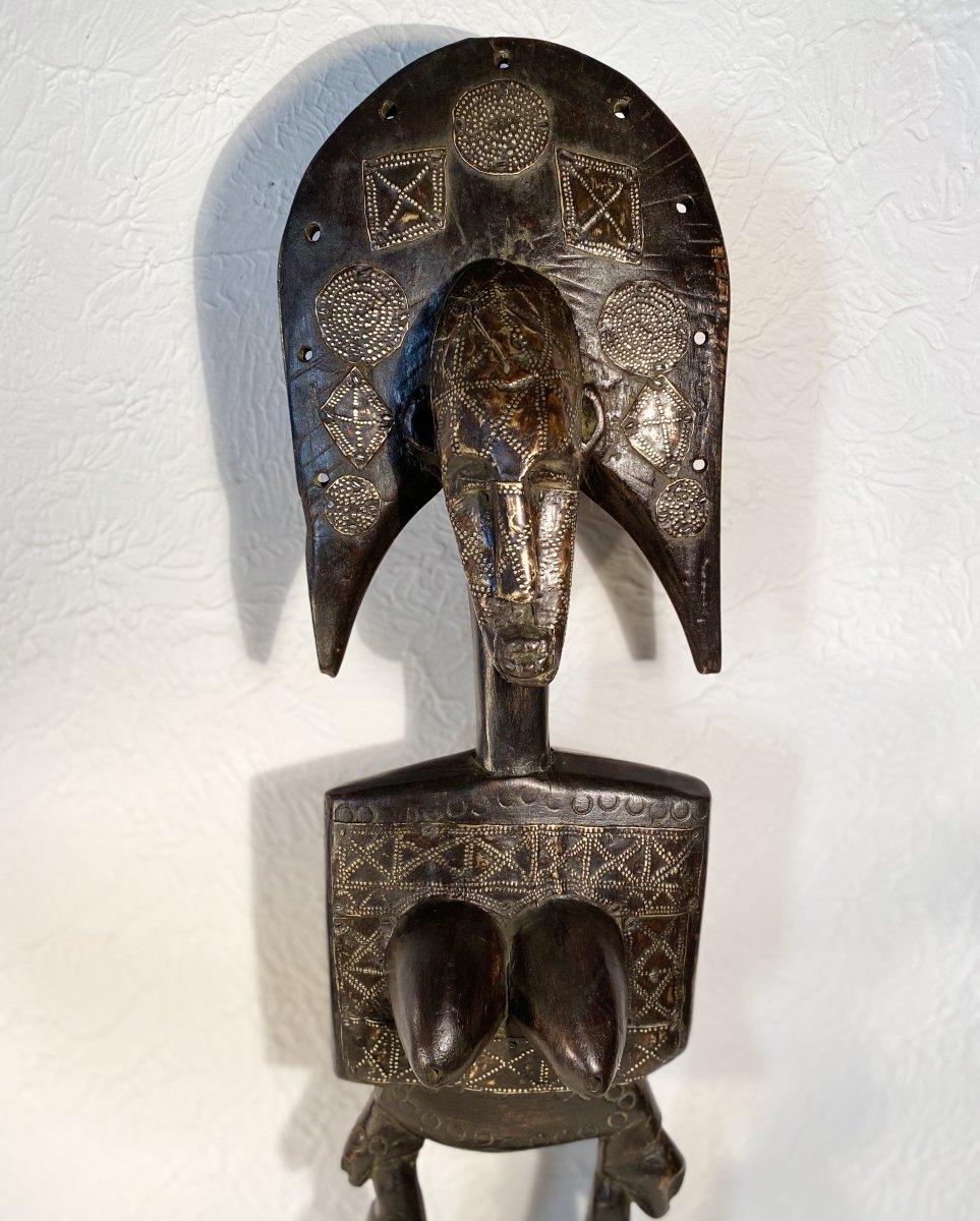 Tribal Mid-Century African Janus Shaped Black Wooden Sculpture with Brass Inlays