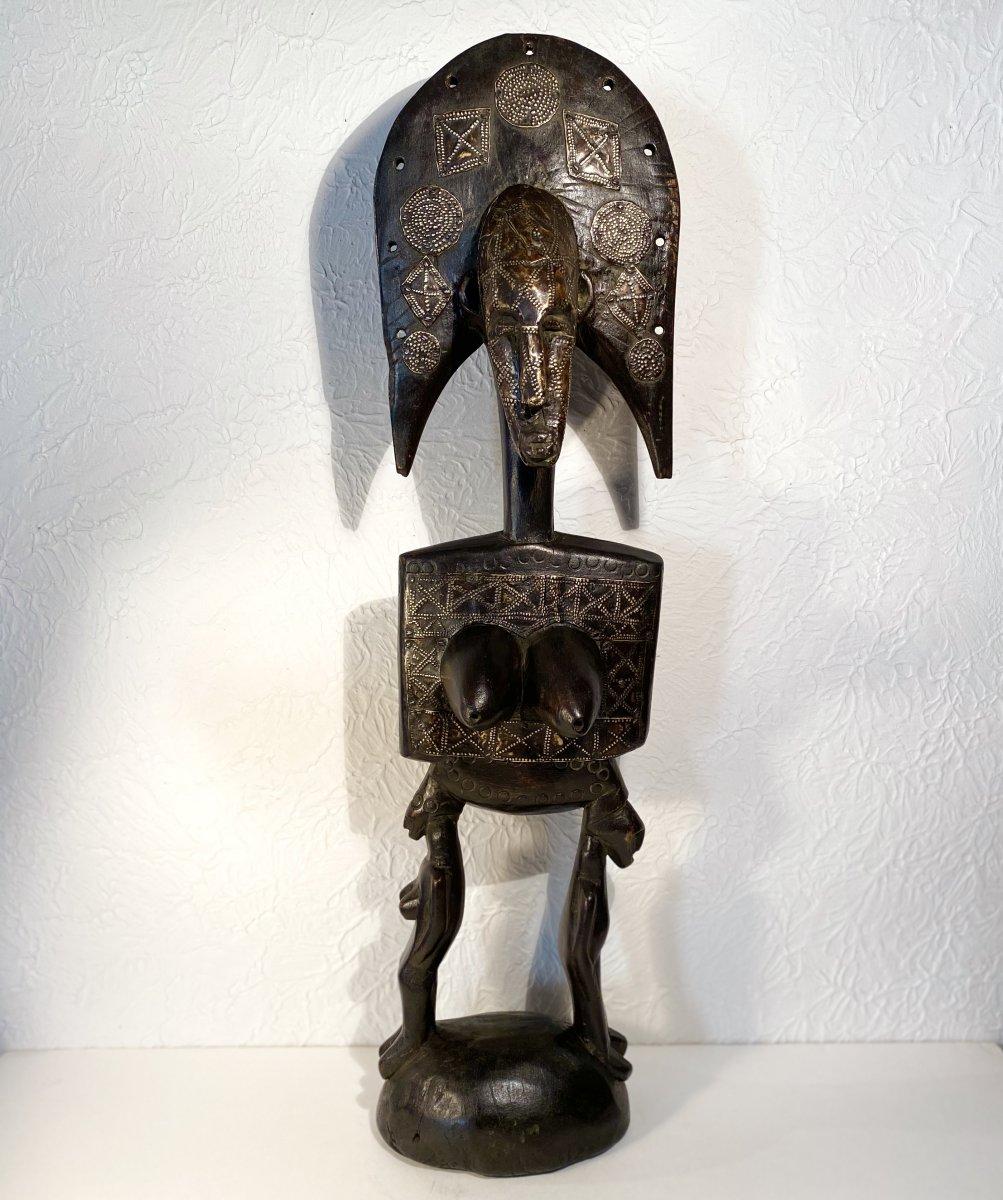 Carved Mid-Century African Janus Shaped Black Wooden Sculpture with Brass Inlays