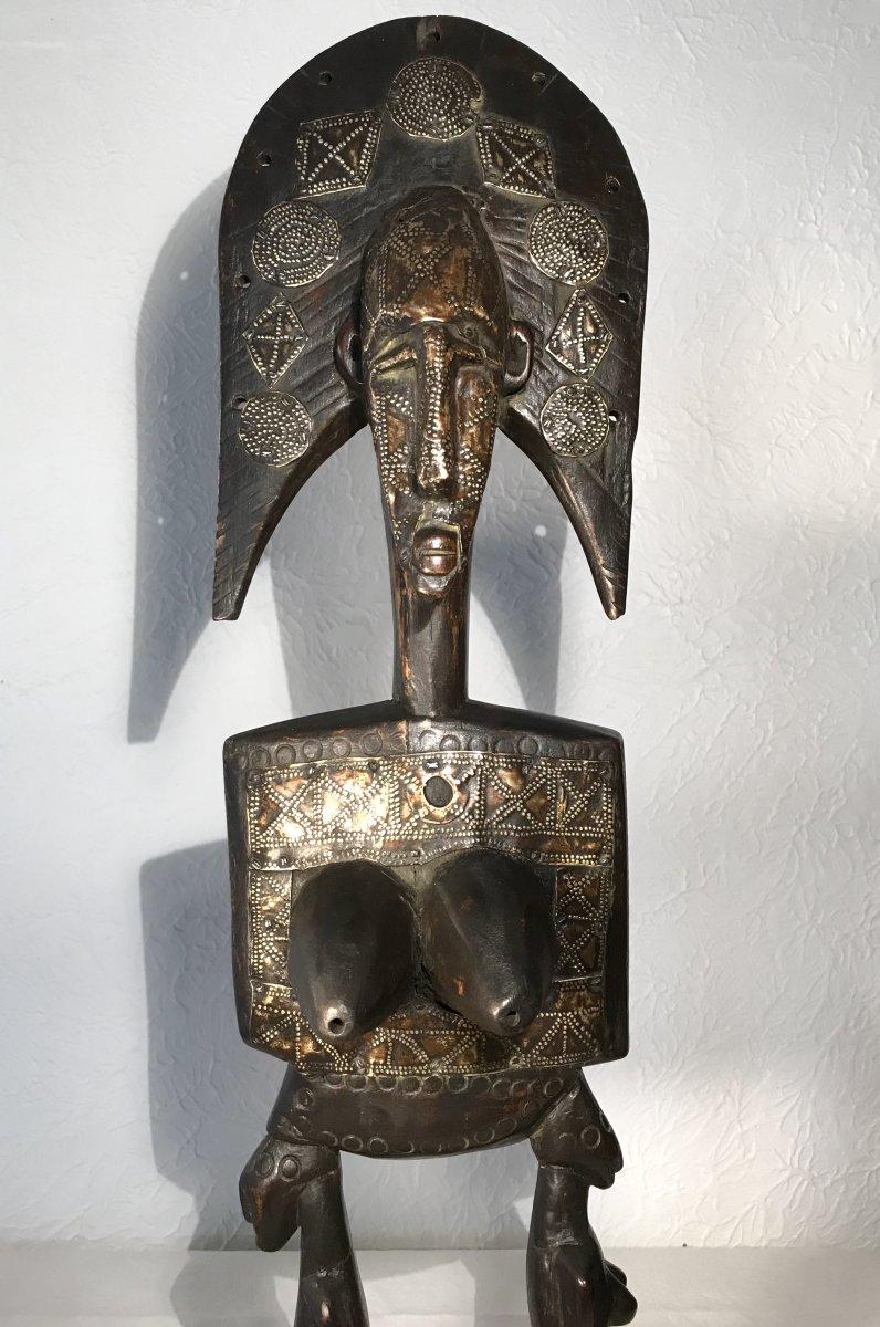 Mid-Century African Janus Shaped Black Wooden Sculpture with Brass Inlays In Good Condition In Salzburg, AT