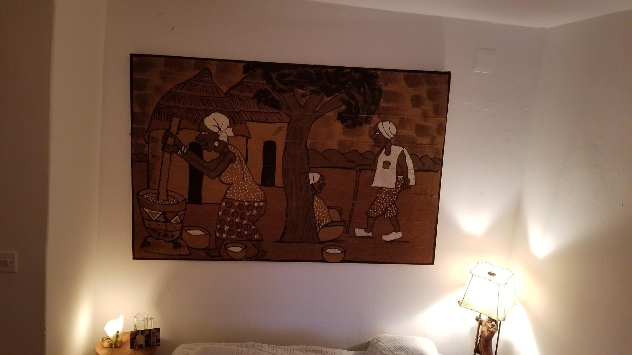 Italian mid century painting with an African motif. Painting is made on cotton canvas and mixture of tapestry and paint.
Panted by the artists of the African Diaspora. Painting was found at the prop house  in Accademia di Belle Arti di Venezia long