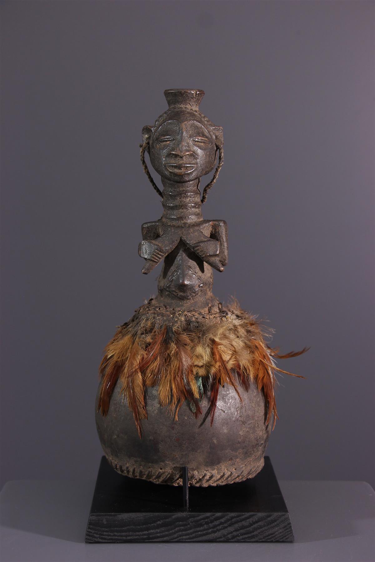 Mid-Century African Tribal Calabash with Female Motif Hemba / Luba, 1950s

These bankishi (sing. nkishi ) carvings were used as part of the bugabo, a society devoted to hunting,
healing, and warfare. 
A female ?gure, symbolizing the sacred