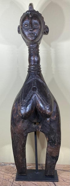 Mid Century African Women Wood Sculpture, Hand-Carved with Steel Base