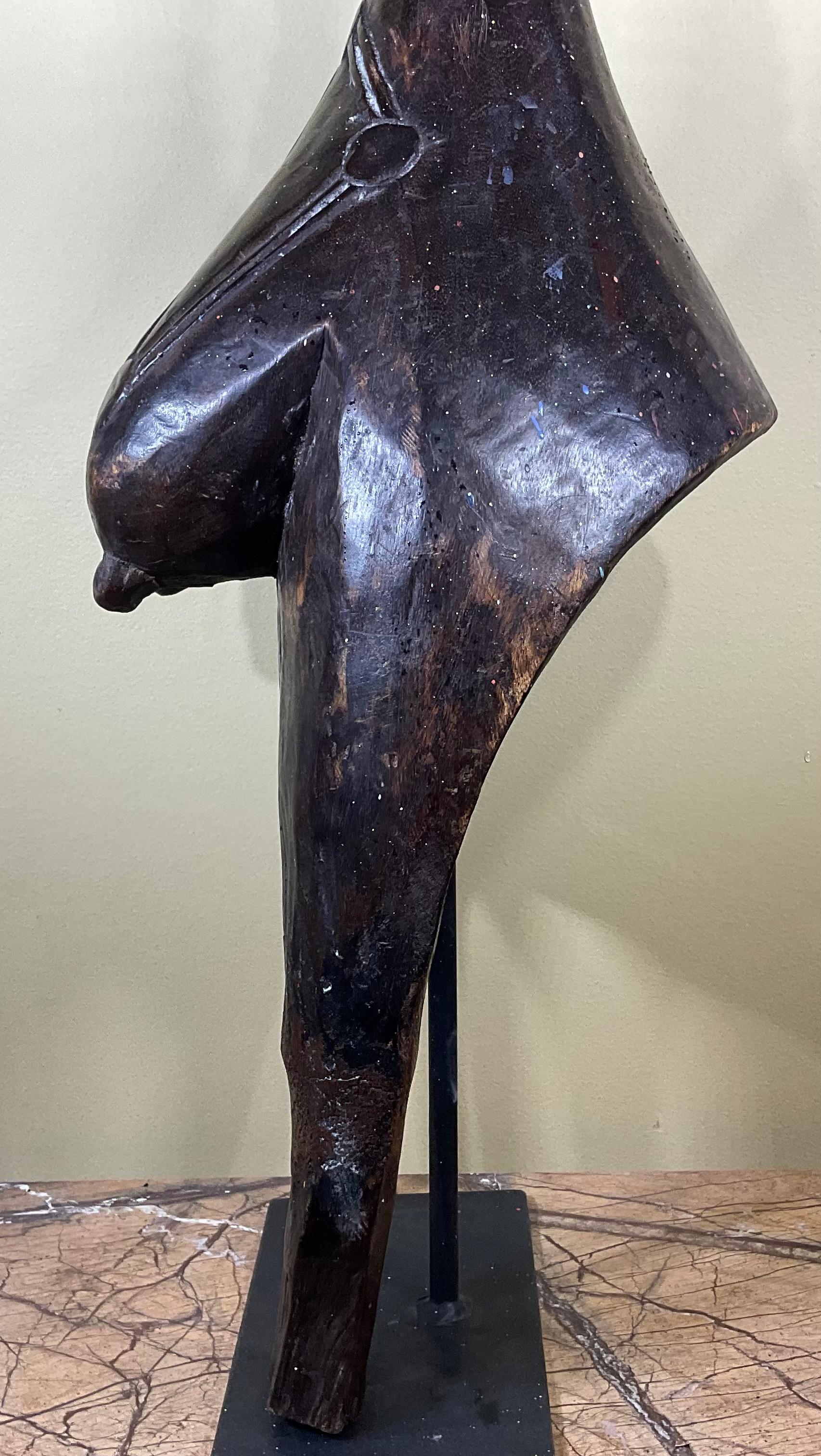Steel Mid Century African Women Wood Sculpture For Sale