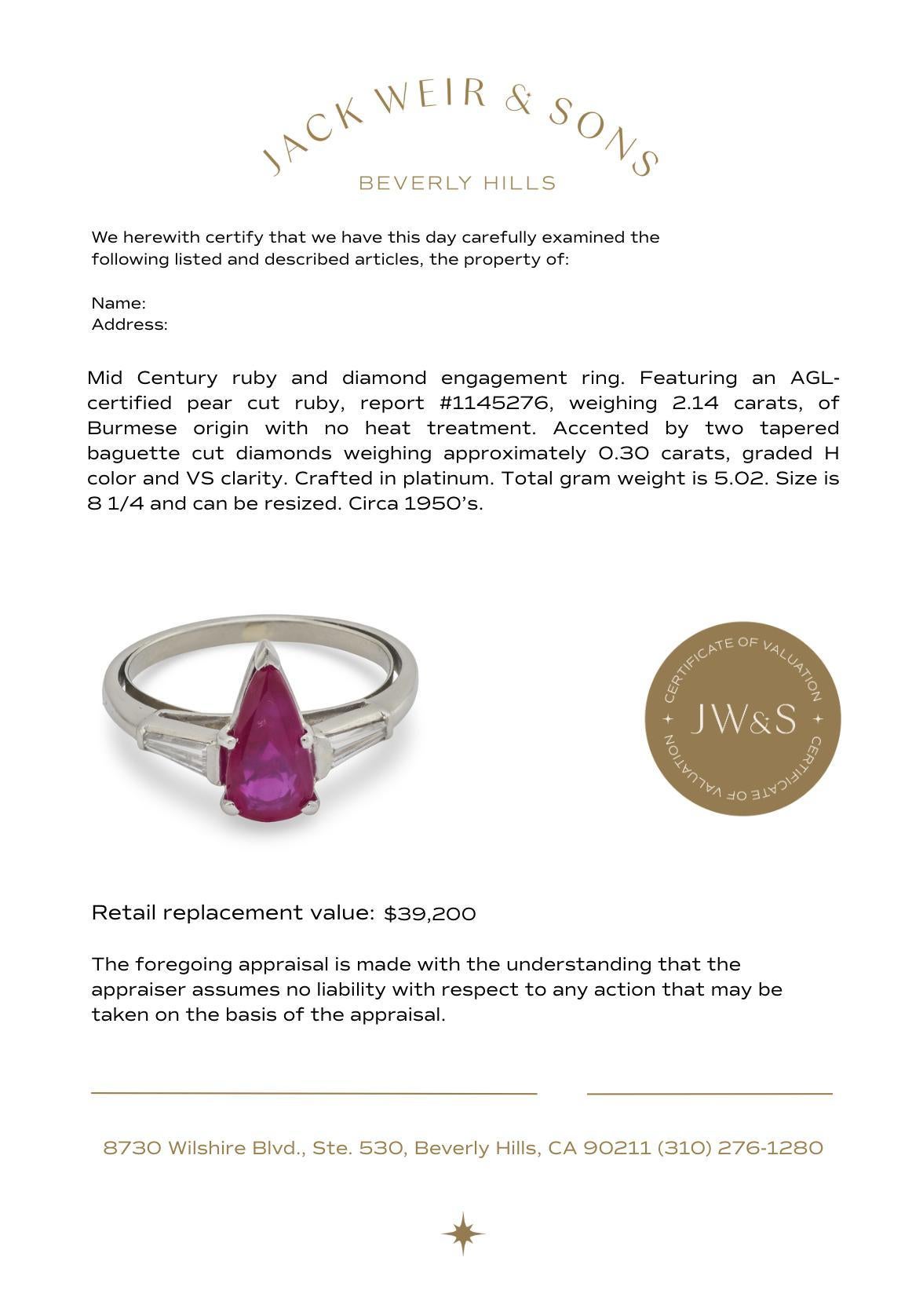 Mitte des Jahrhunderts AGL Burma keine Hitze Rubin Diamant Platin Verlobungsring im Angebot 1