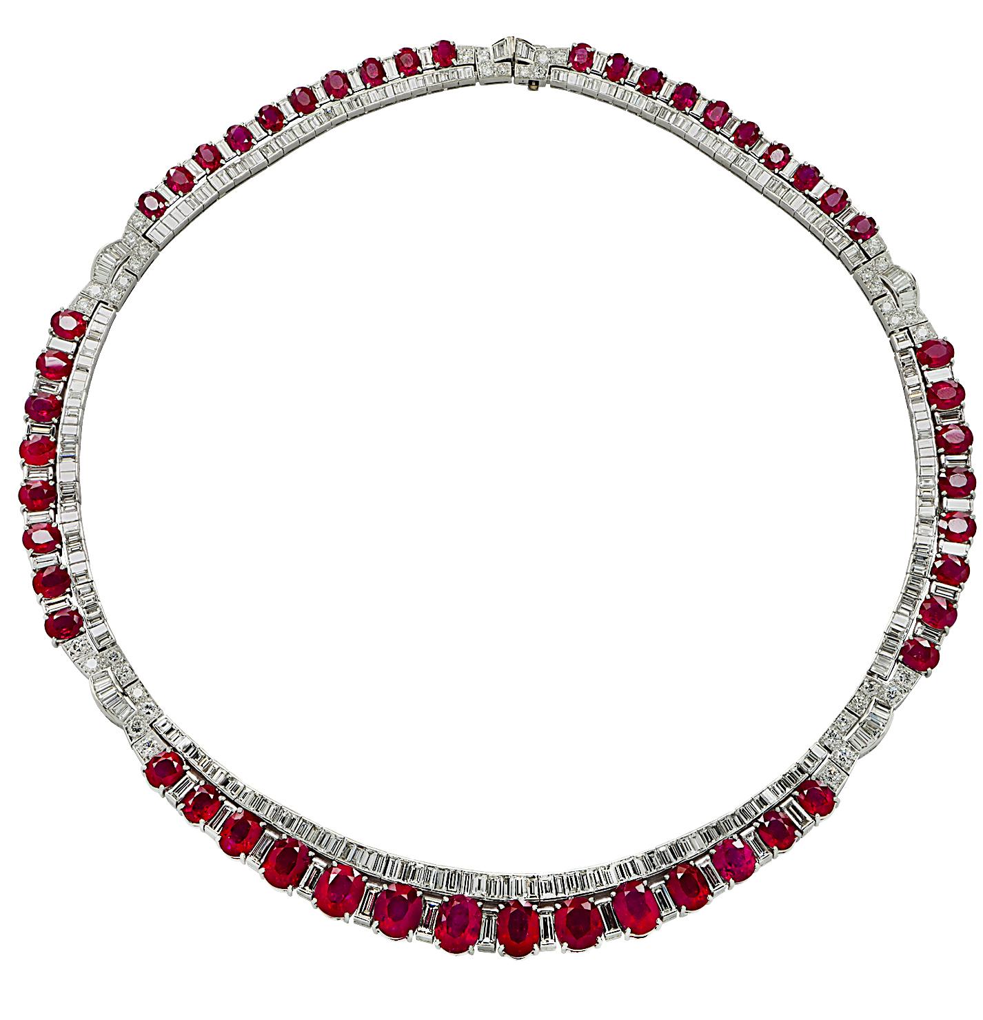 Post-War Mid-Century AGL Certified 44 Carat Burma Ruby and Diamond Necklace