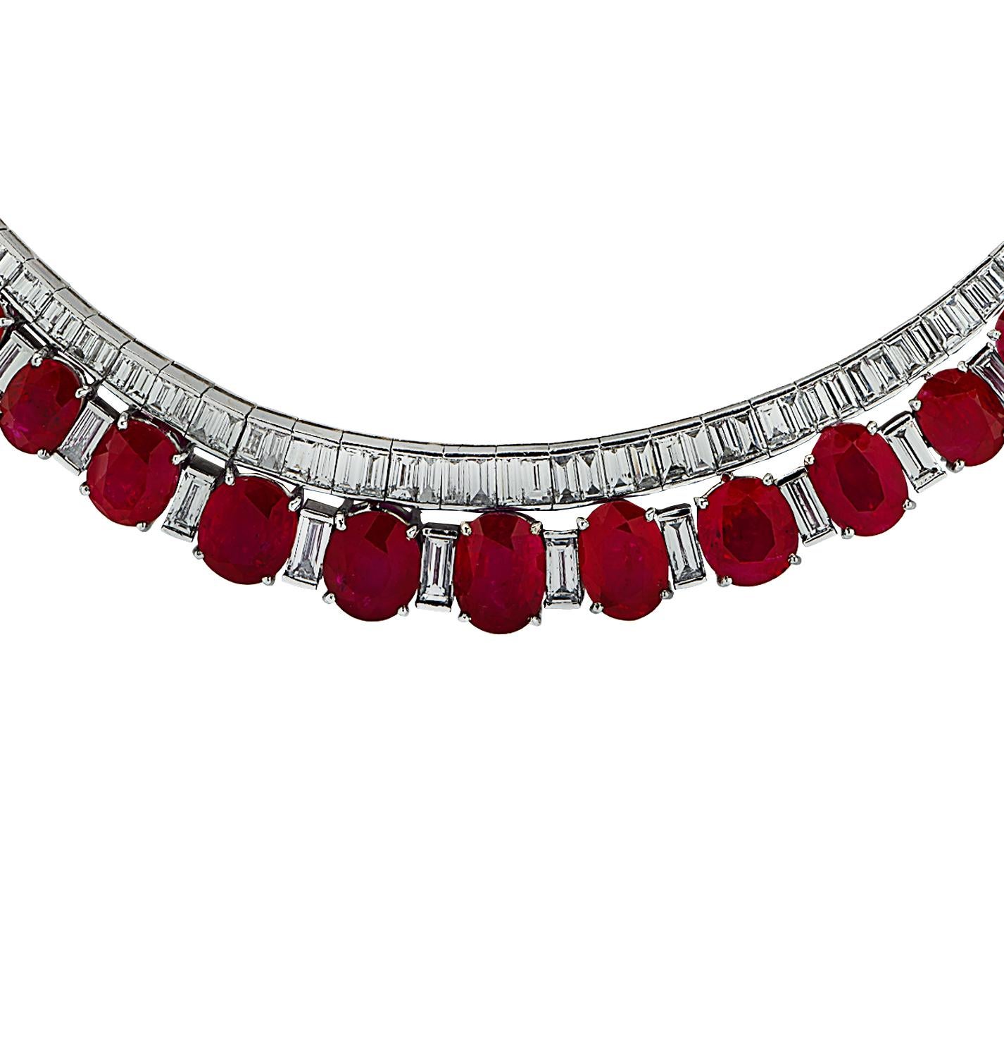 Oval Cut Mid-Century AGL Certified 44 Carat Burma Ruby and Diamond Necklace