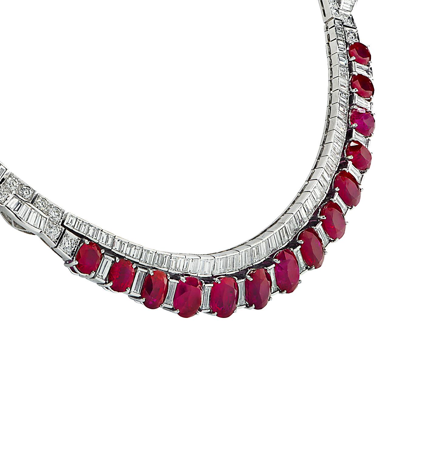 Mid-Century AGL Certified 44 Carat Burma Ruby and Diamond Necklace In Excellent Condition In Miami, FL