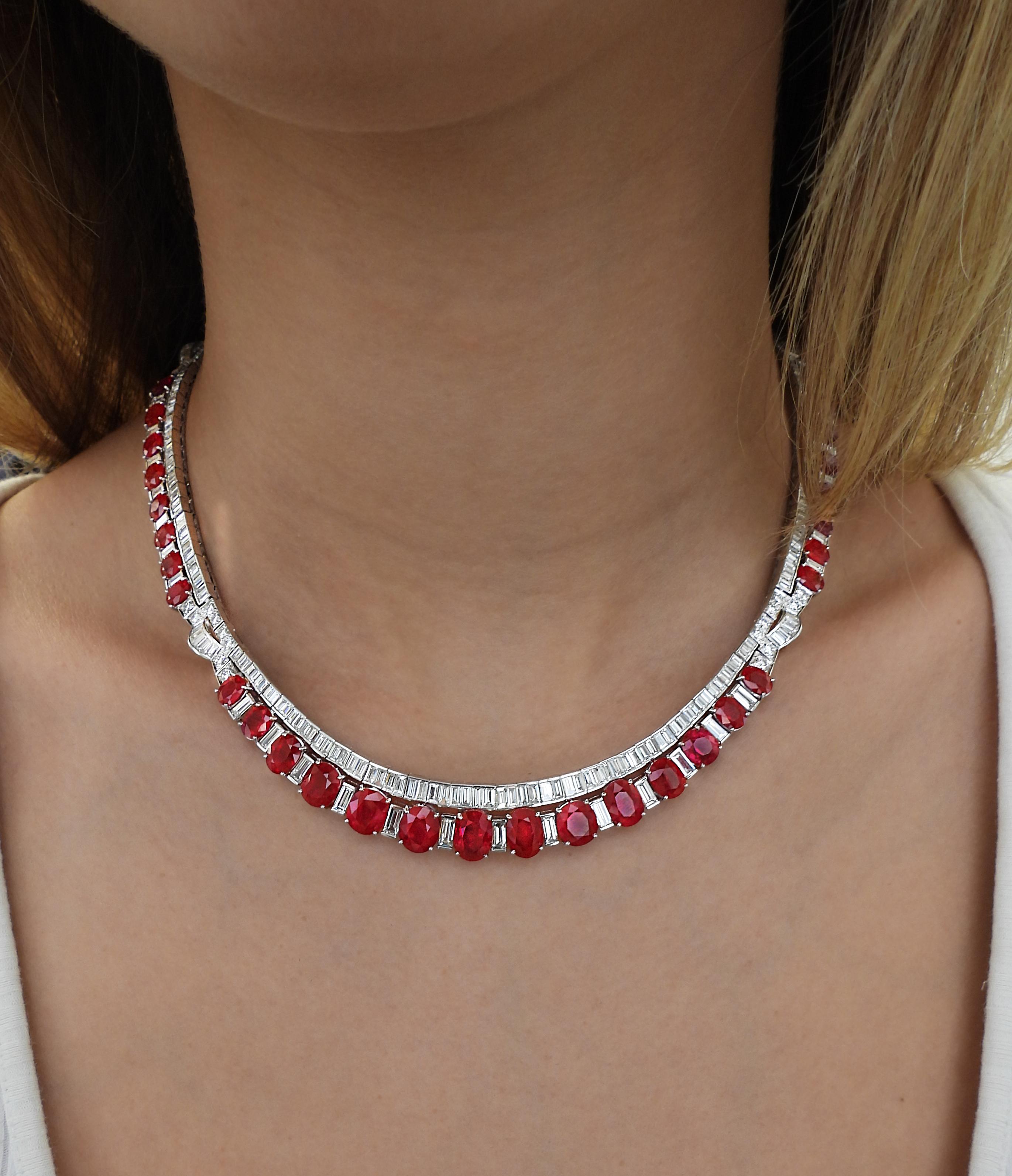 Women's Mid-Century AGL Certified 44 Carat Burma Ruby and Diamond Necklace