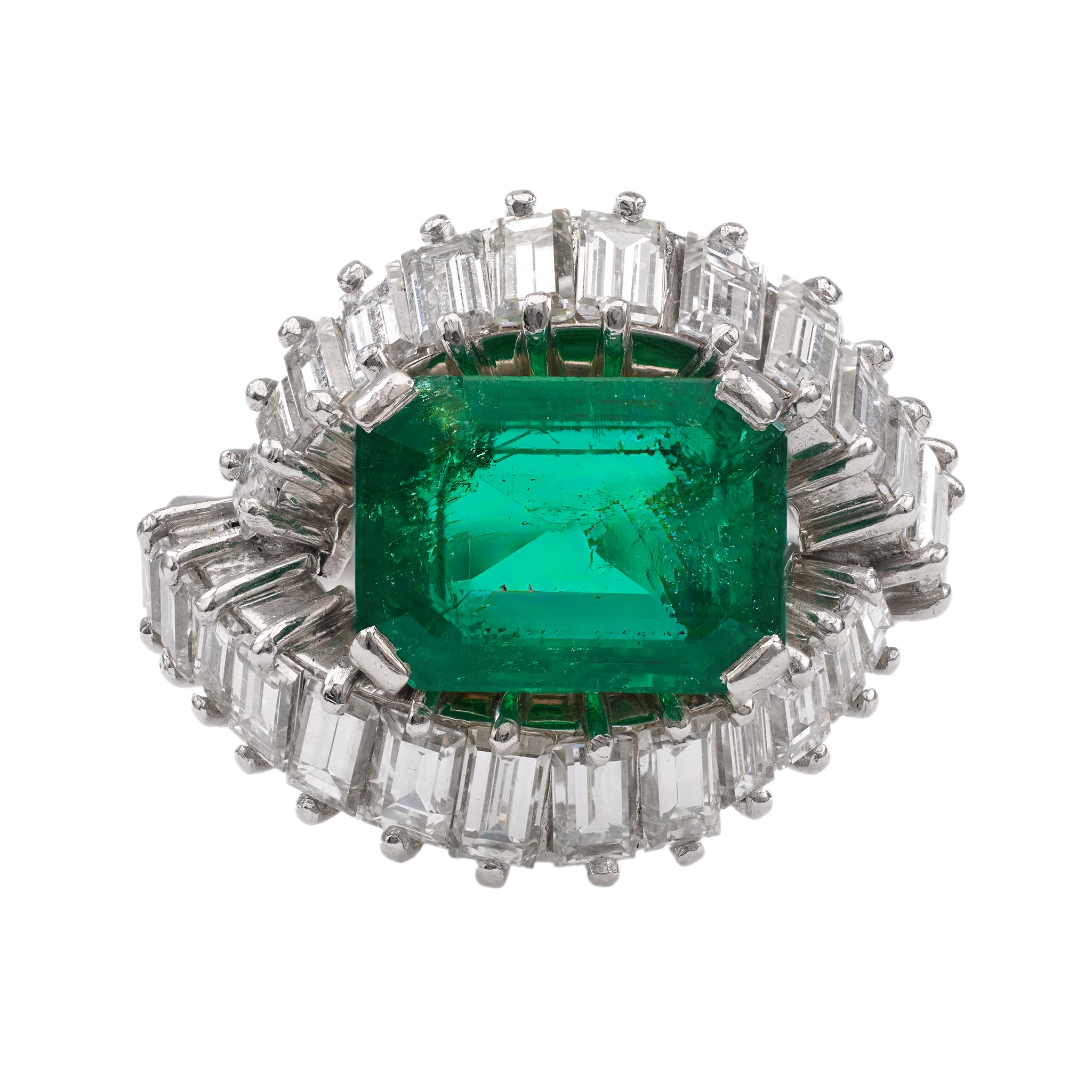 Mid-Century AGL Colombian Minor Oil Emerald Diamond Cocktail Ring For Sale