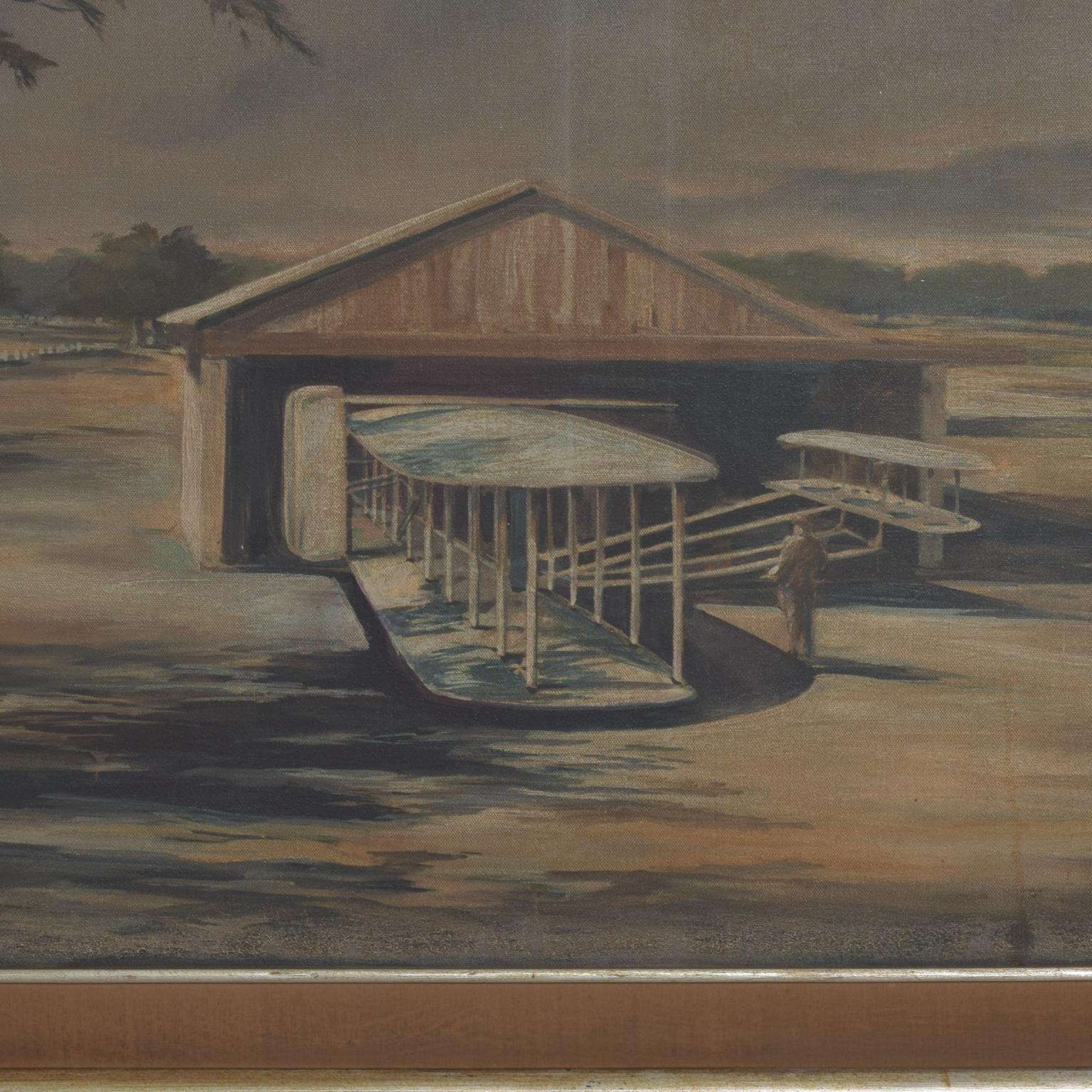 Airplane Hangar painting in oil on canvas, framed.
Vintage Mid-Century Modern aviation art. 
No further information available at this time.
42 x 30 .5 H x 1 D, Art 34.75 x 23 1/8 H
Original vintage unrestored condition, see all images