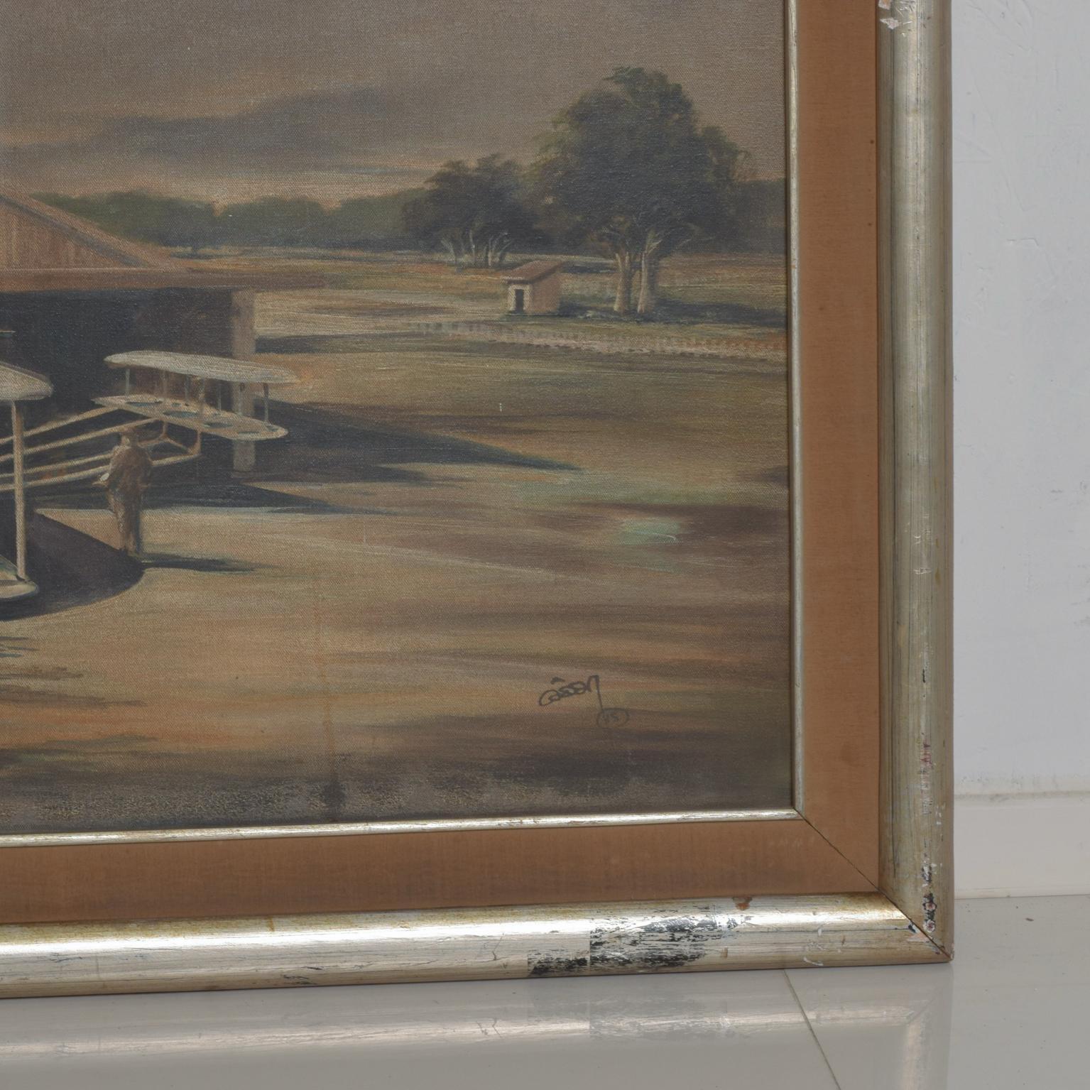 1950s Aviación Avión Hangar Impresionista Óleo sobre Lienzo Arte Moderno Estadounidense en venta