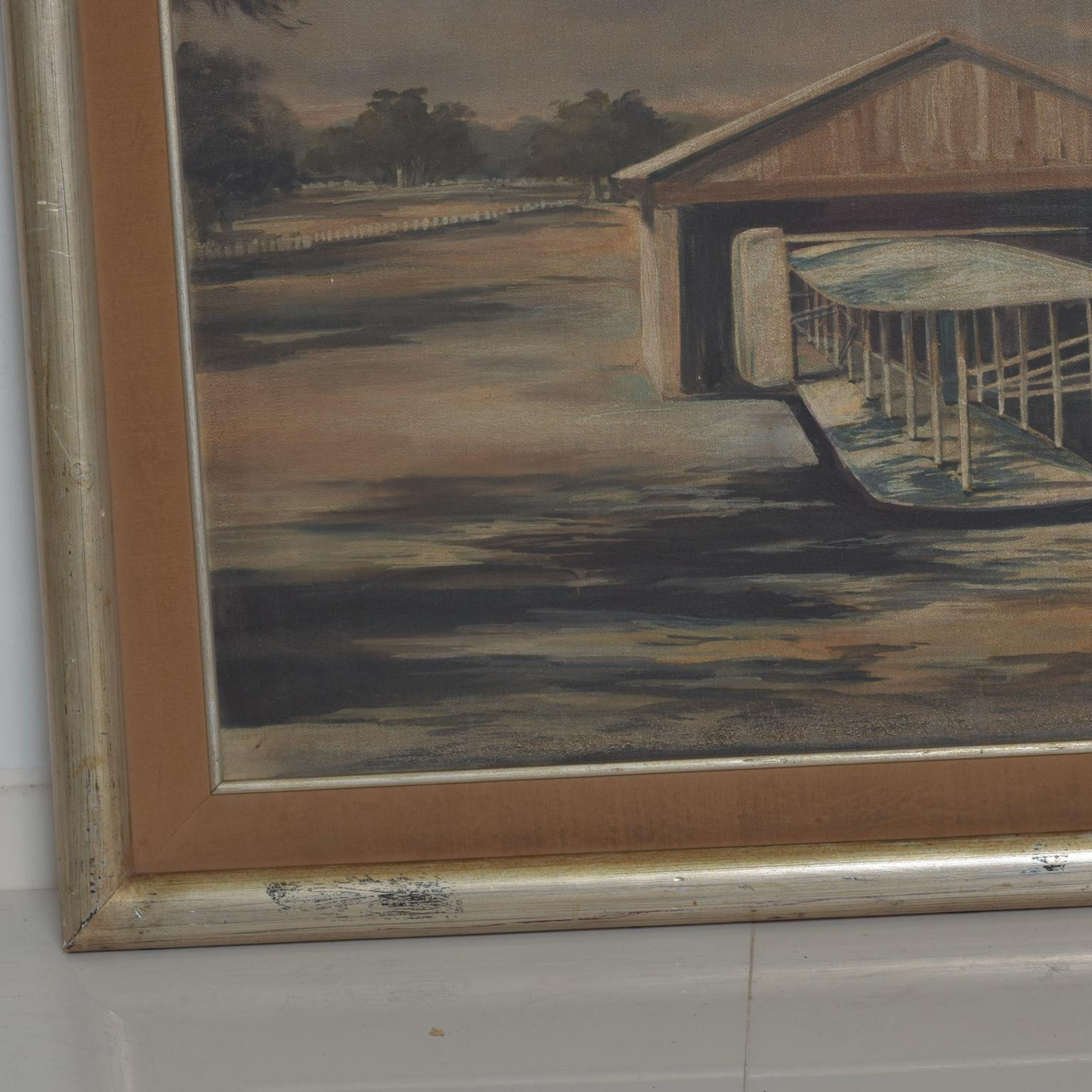 Impressionistisches Ölgemälde auf Leinwand, Aviation Airplane, Hangar, Moderne Kunst, 1950er Jahre  im Zustand „Gut“ im Angebot in Chula Vista, CA