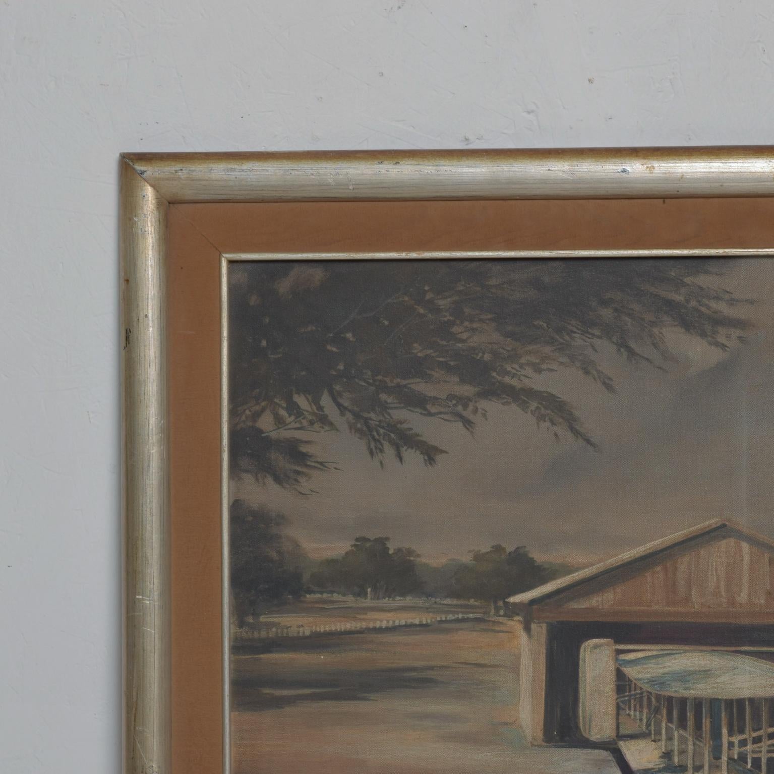 1950s Aviación Avión Hangar Impresionista Óleo sobre Lienzo Arte Moderno mediados del siglo XX en venta