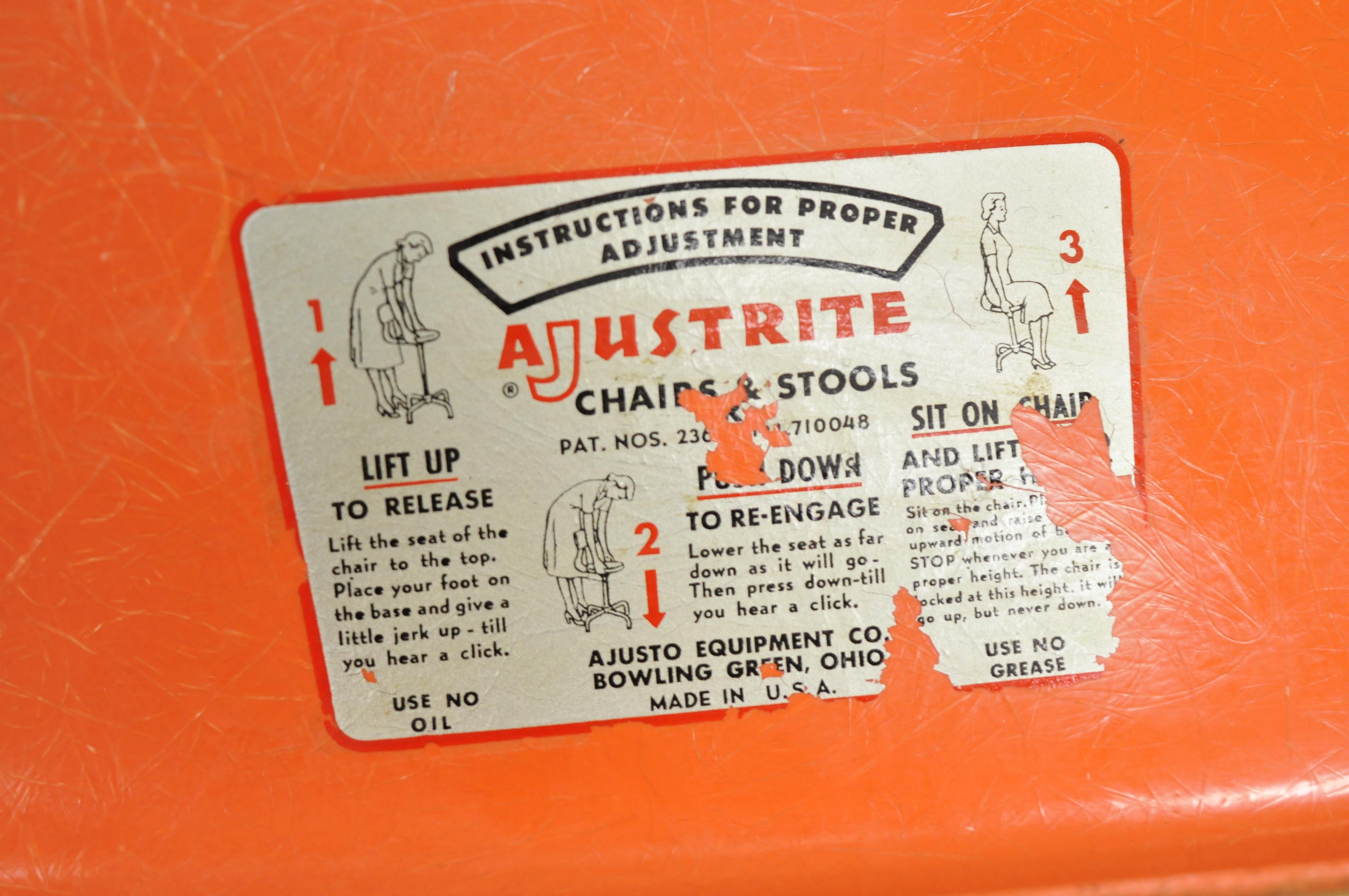 Mid Century Ajustrite Orange Fiberglass Shell Eames Style Adjustable Chair Stool 1