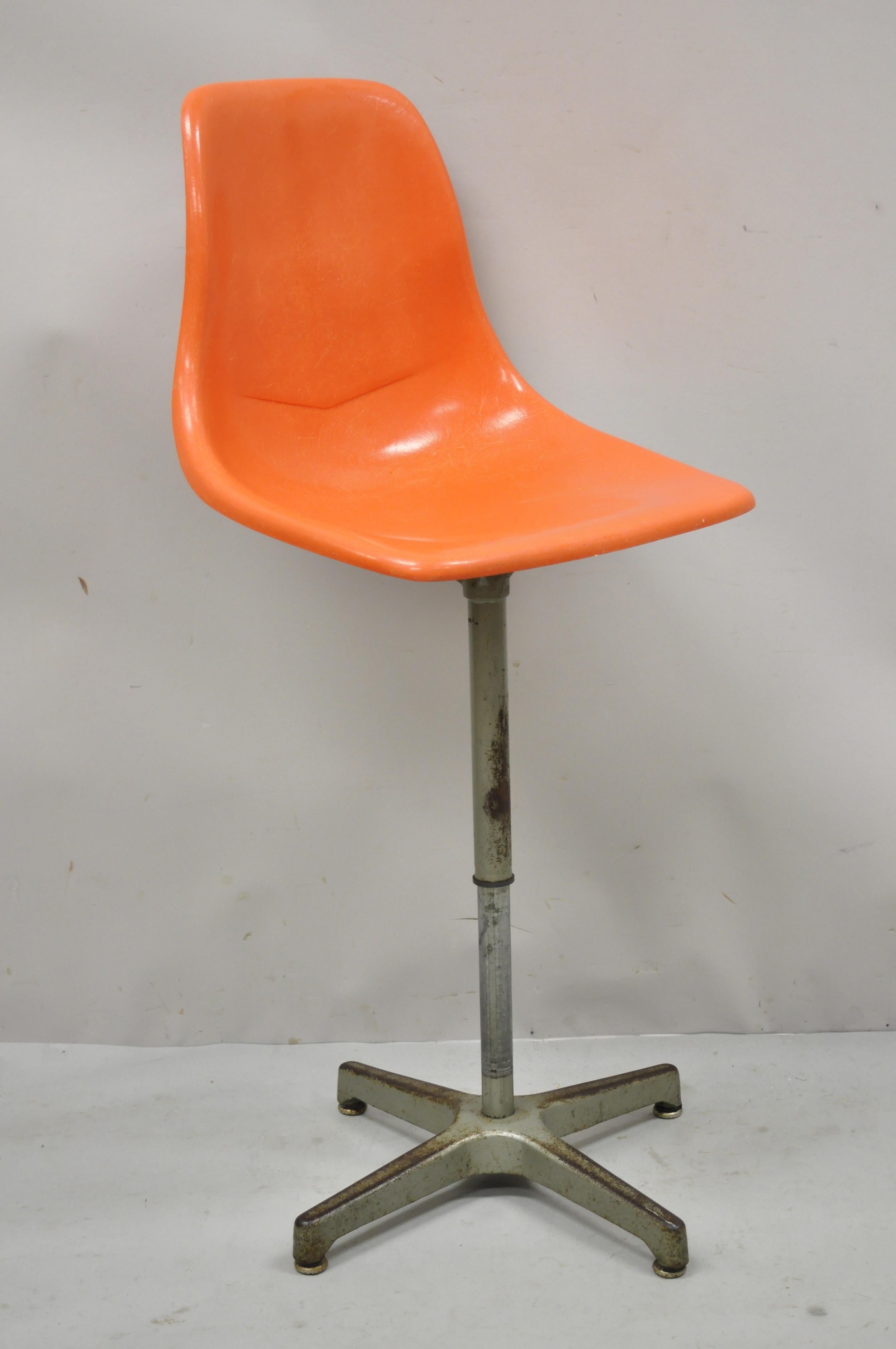 Mid Century Ajustrite Orange Fiberglass Shell Eames Style Adjustable Chair Stool 3