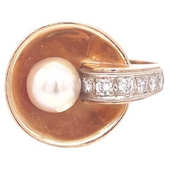 Mid-Century Akoya Pearl and Diamond Yellow Gold Ring
