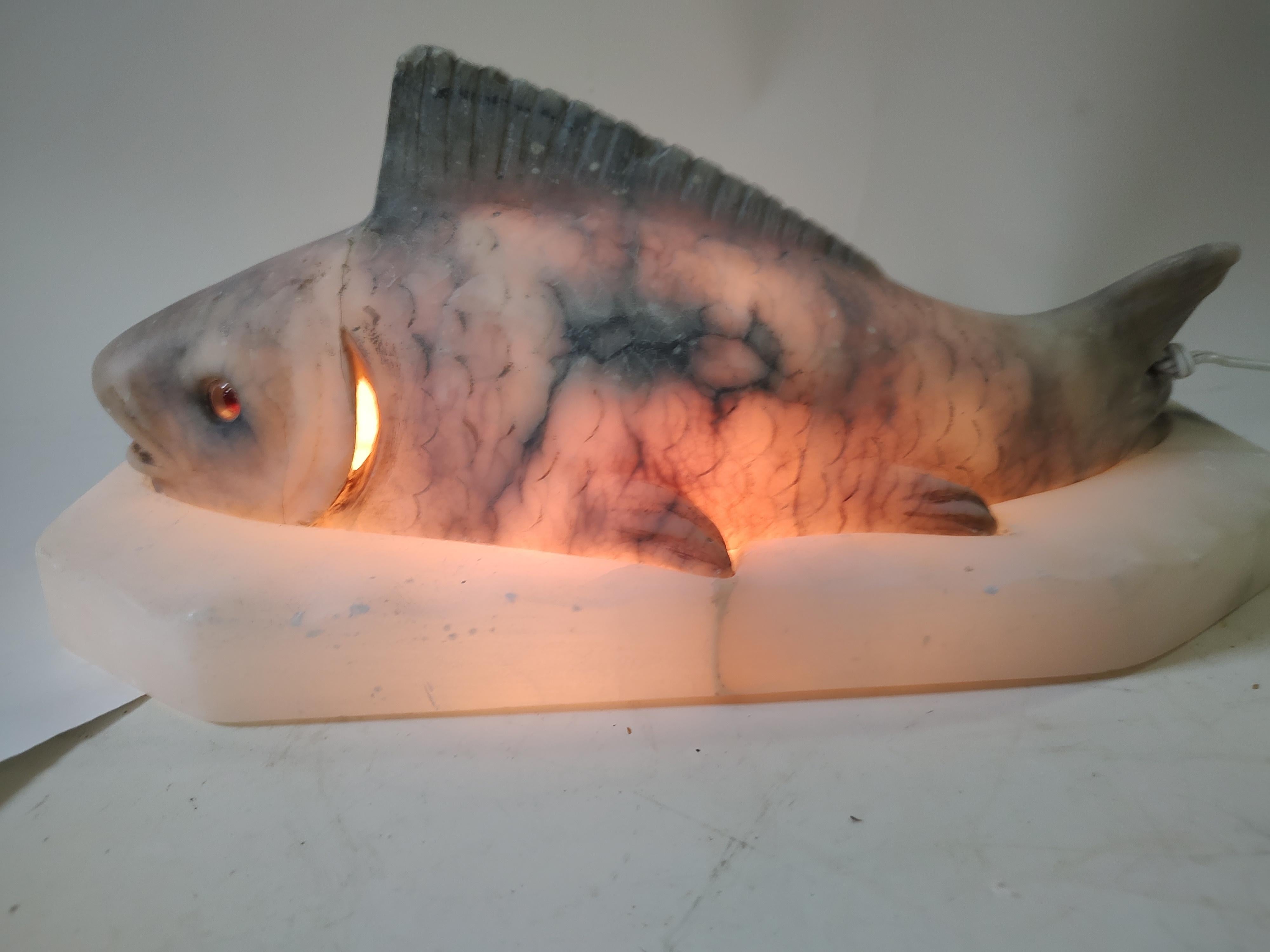 Hand-Carved Mid Century Alabaster Fish Lamp Night & Mood Table Lamp For Sale